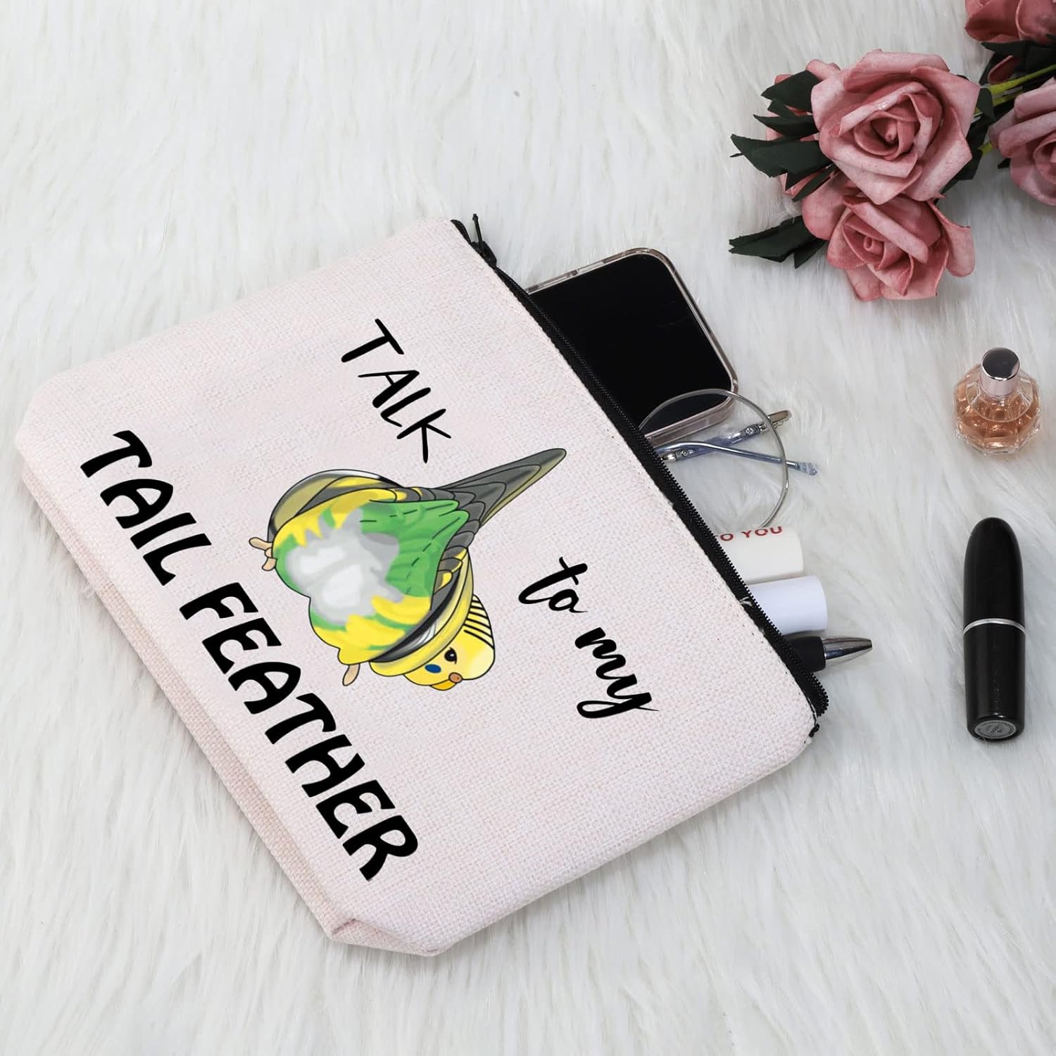 G2TUP Budgie Gift Talk To My Tail Feather Makeup Bag Budgie Lover Cosmetic Bag Budgie Mom Gift Parakeet Lover Gift Bird Watcher Zipper Travel Bag (Talk To My Tail Feather White Bag) - Image 4