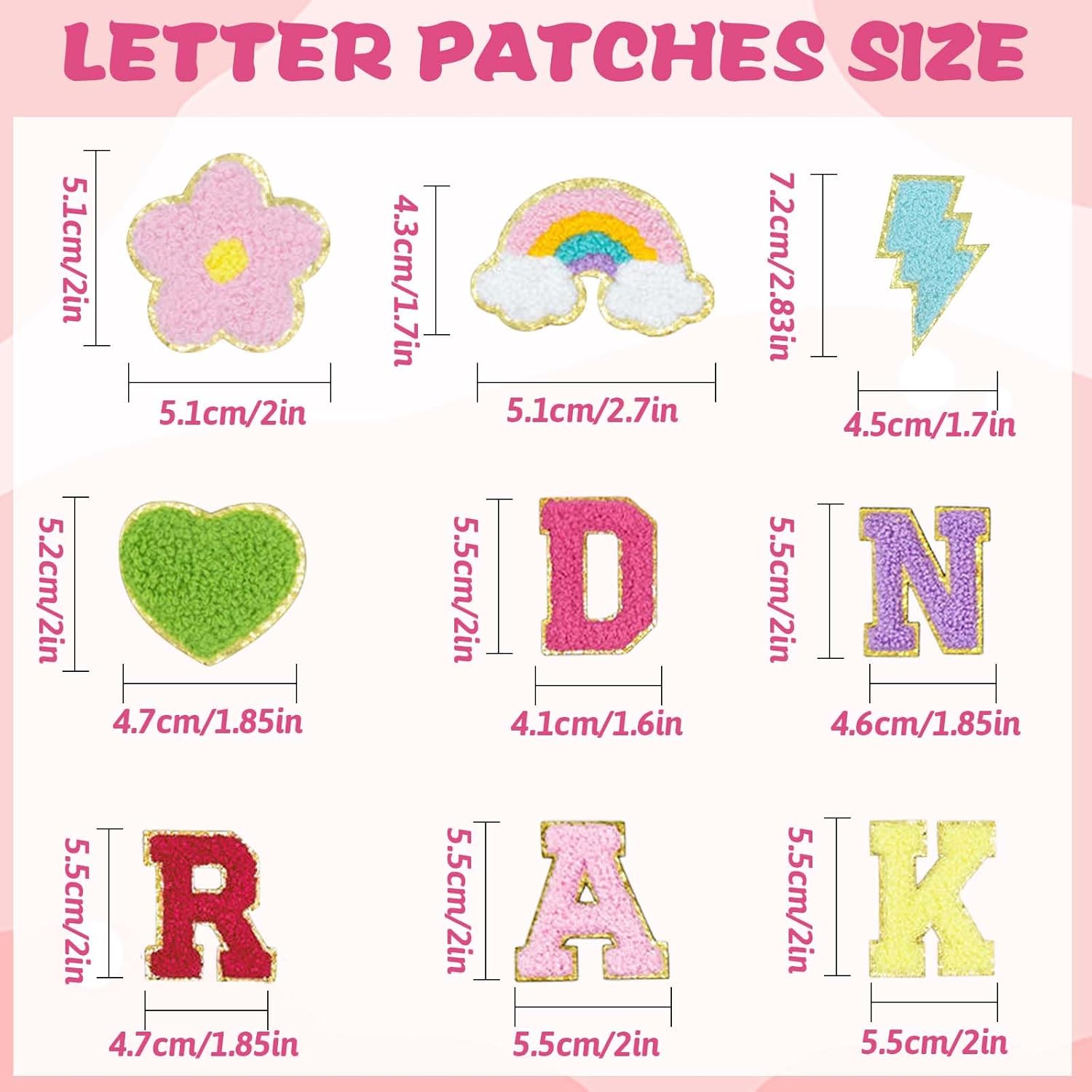 103PCS Chenille Letter Patches Self-Adhesive for Clothing,A-Z Varsity Sew On Letter Patches Stickers,Cute Rainbow Lightning Flower Heart Patches for Backpacks Clothing Hats DIY Crafts Decor(Color11)