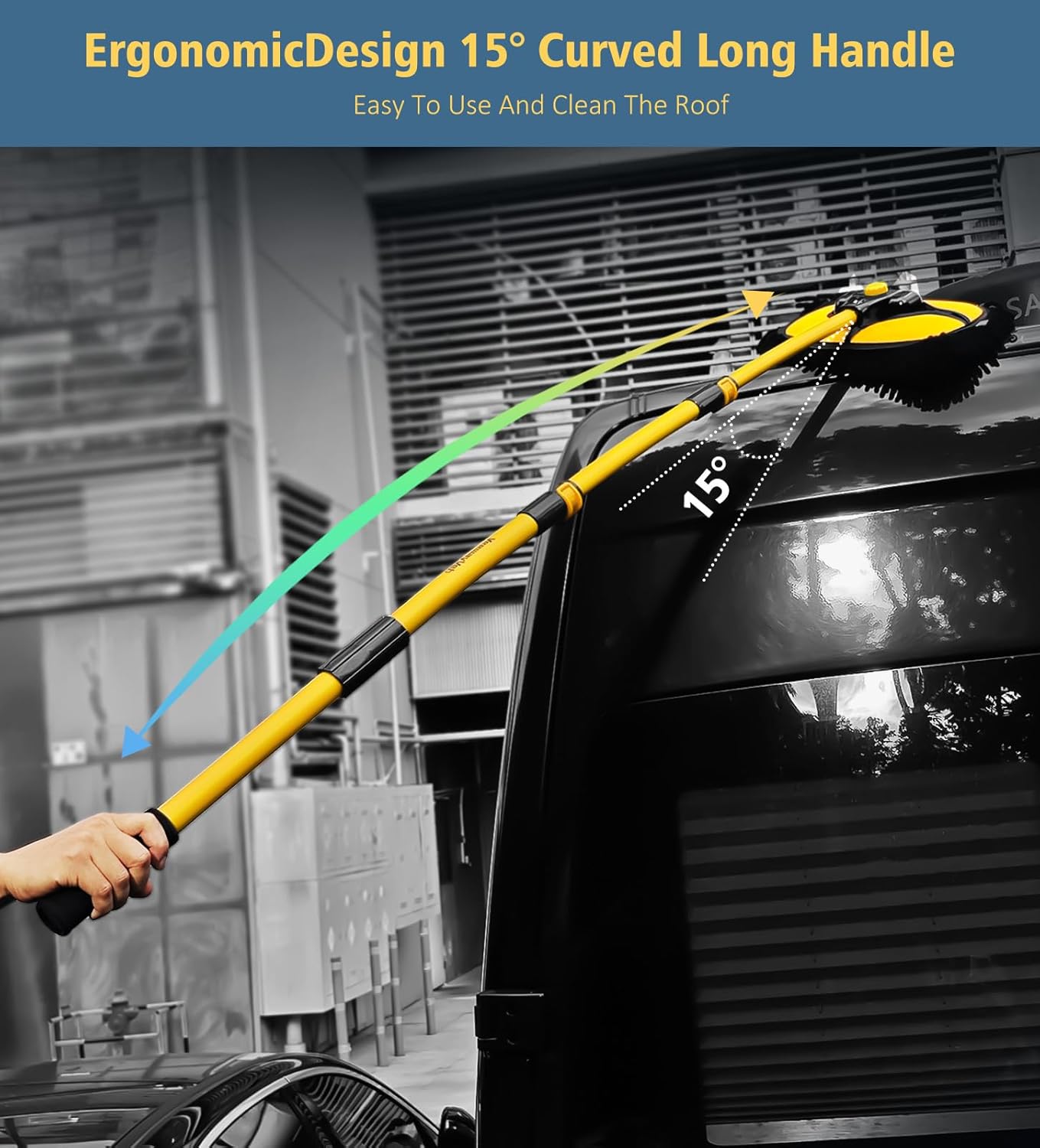 YeewayVeh Car Wash Brush Mop with Long Handle, 55" Car Wash Brush with 2 Replaceable Microfiber Mop Heads, 15° Curved Extension Pole Auto Cleaning Wash Kit for Truck SUV RV Camper, Yellow