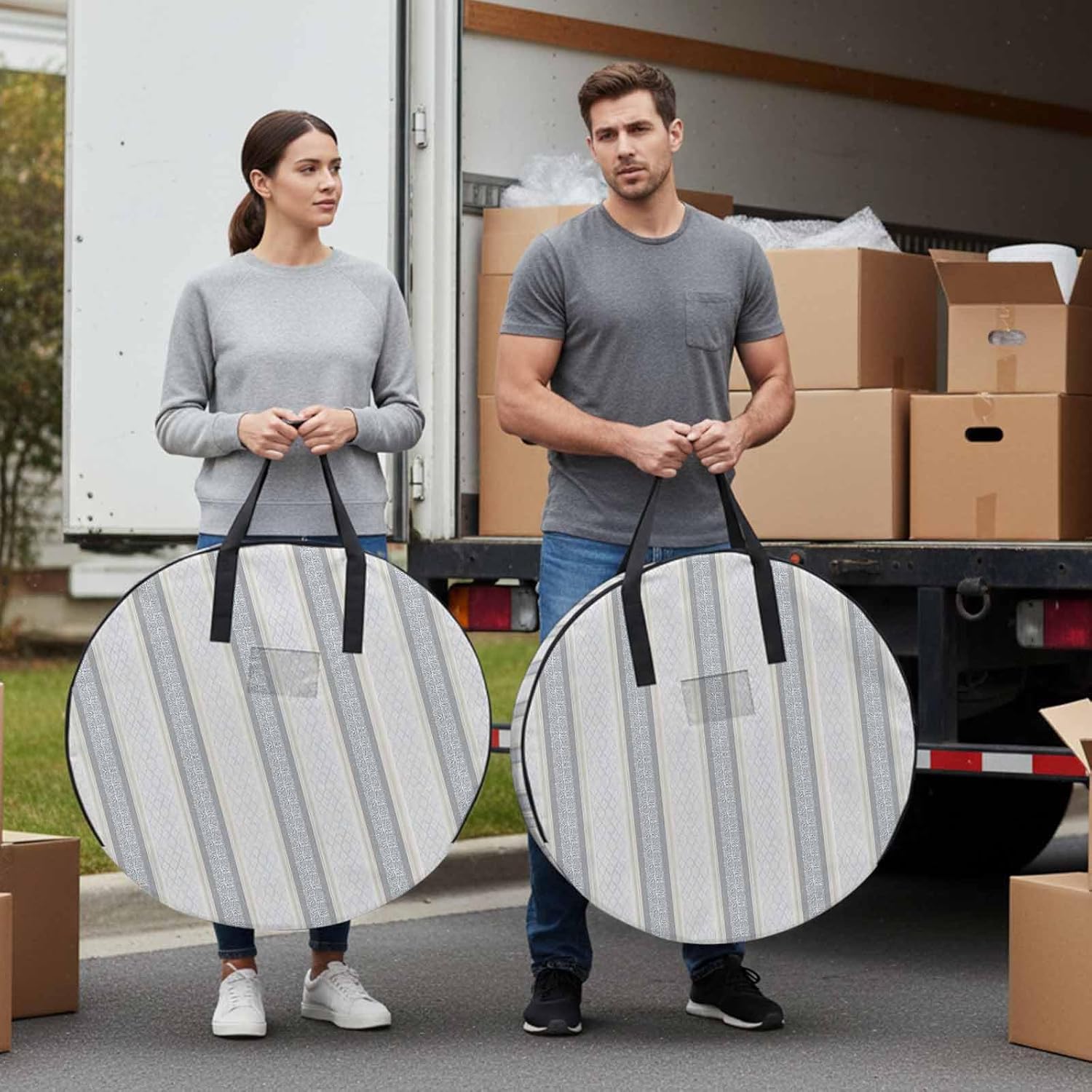 Geometric Gray Round Storage Bag 36 Inch, Ethnic Stripes Clothes Storage Container with Handles Heavy Duty Organizer for Comforter, Bedding & Holiday Wreaths