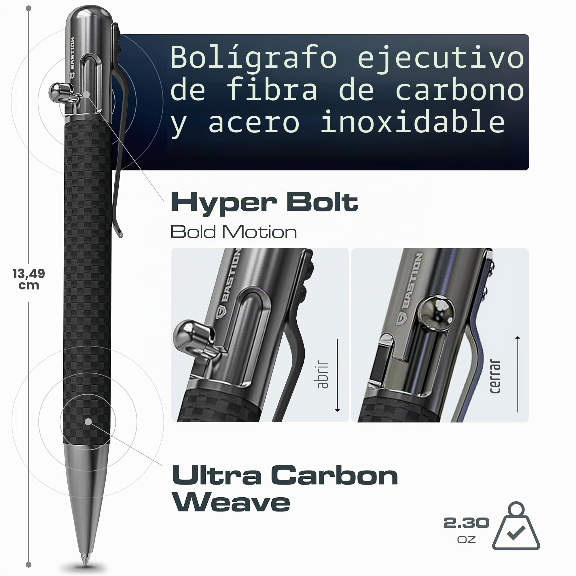 BASTION Bolígrafo de acción Bolt, ejecutivo de lujo de fibra de carbono | Bolígrafo de escritura comercial retráctil recargable de tinta (fibra de carbono/acero inoxidable)