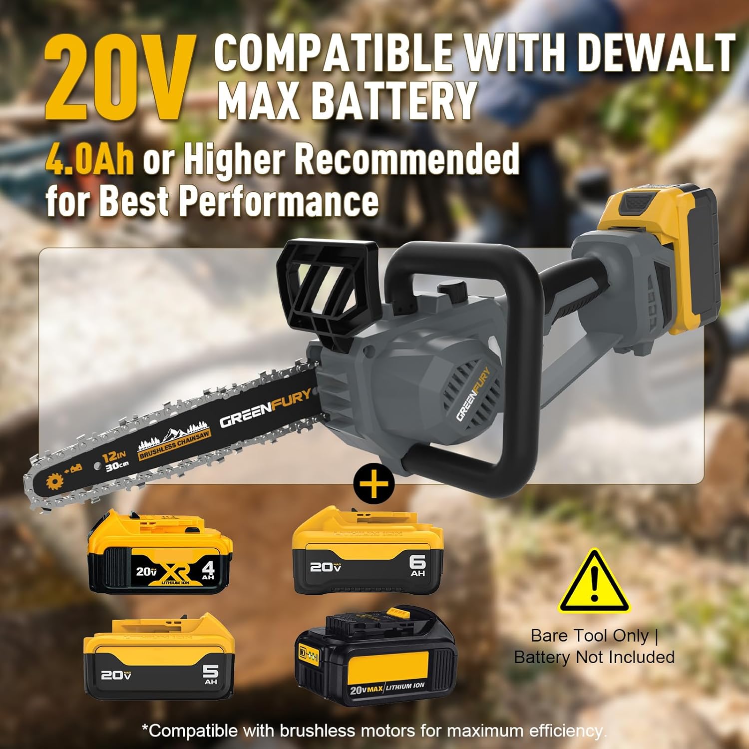 12 Inch Brushless Cordless Chainsaw, Compatible with Dewalt 20V MAX Battery, Electric Chainsaw with Auto Oiler & 45 FT/S High-Speed Cutting for Tree Trimming & Wood Cutting (Tool Only)