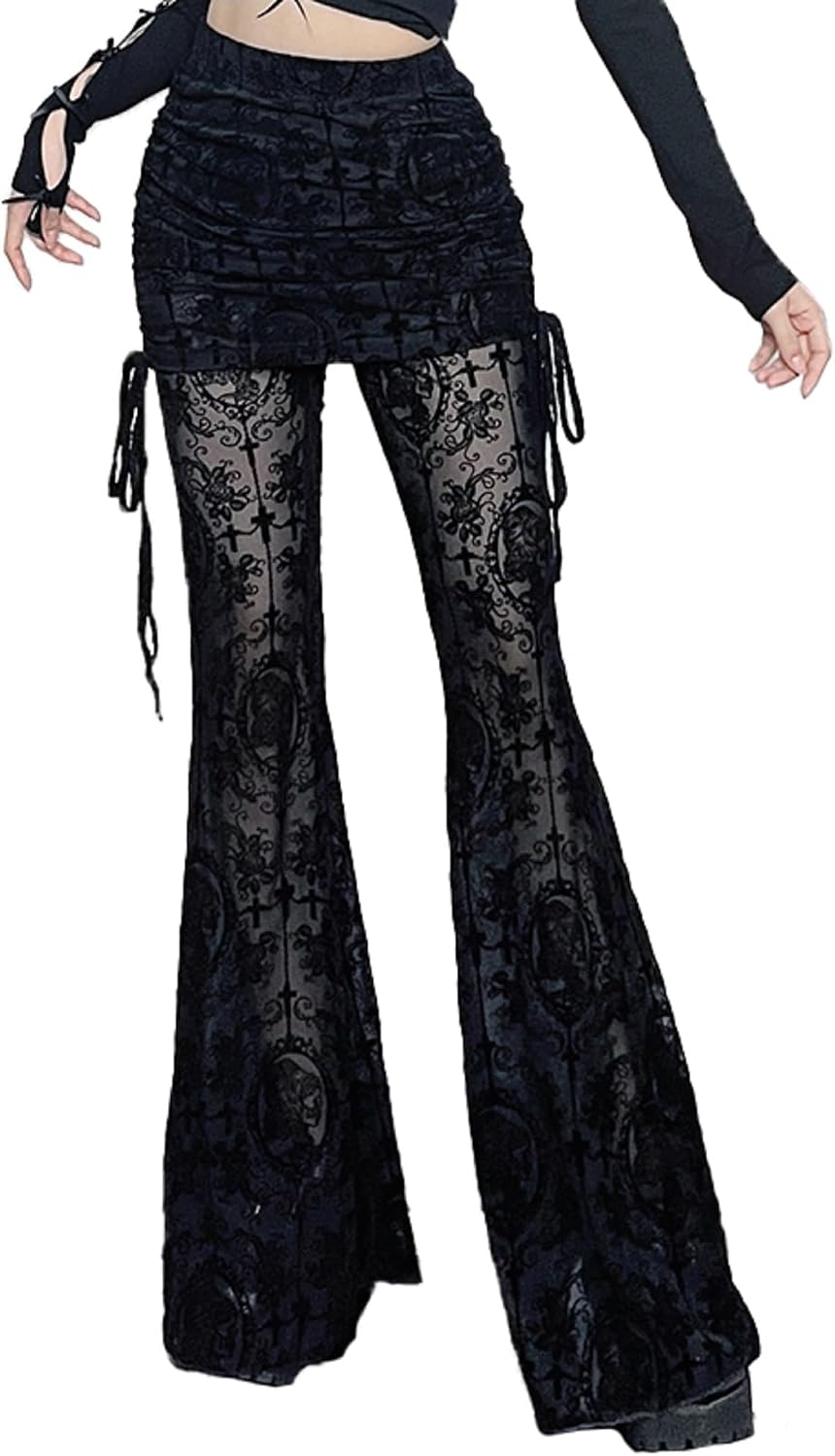 TSMNZMU Womens Gothic Floral Lace Pants - Elastic Waisted Black See Through Leggings - Rave Festivals Streetwear