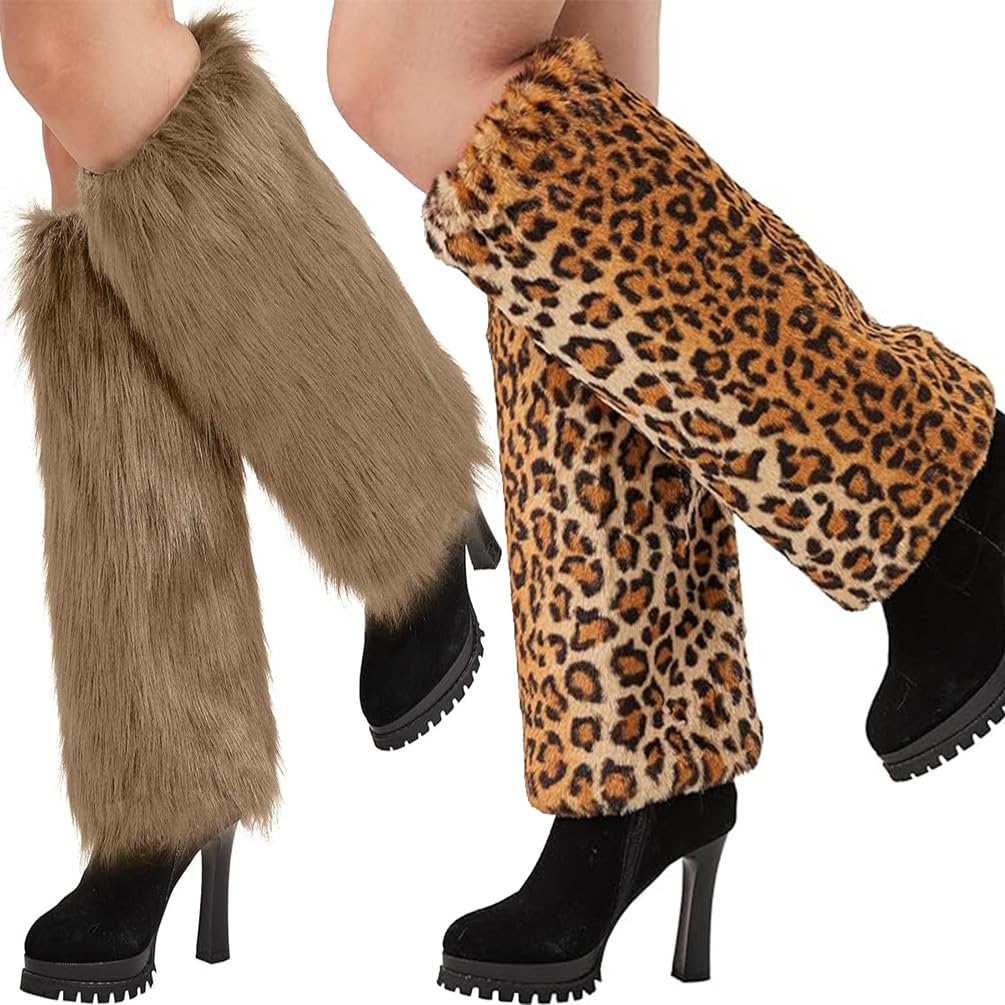 Youlike Women's B.fur Brown & Leopard 2 Pairs Knitted Long Leg Warmers For Girls - Winter Boot Cuffs Warm Knee Warmers - Thermal Legwarmers Punk Knee High Stockings Boots Cuff Warmer (B.fur Brown & Leopard)