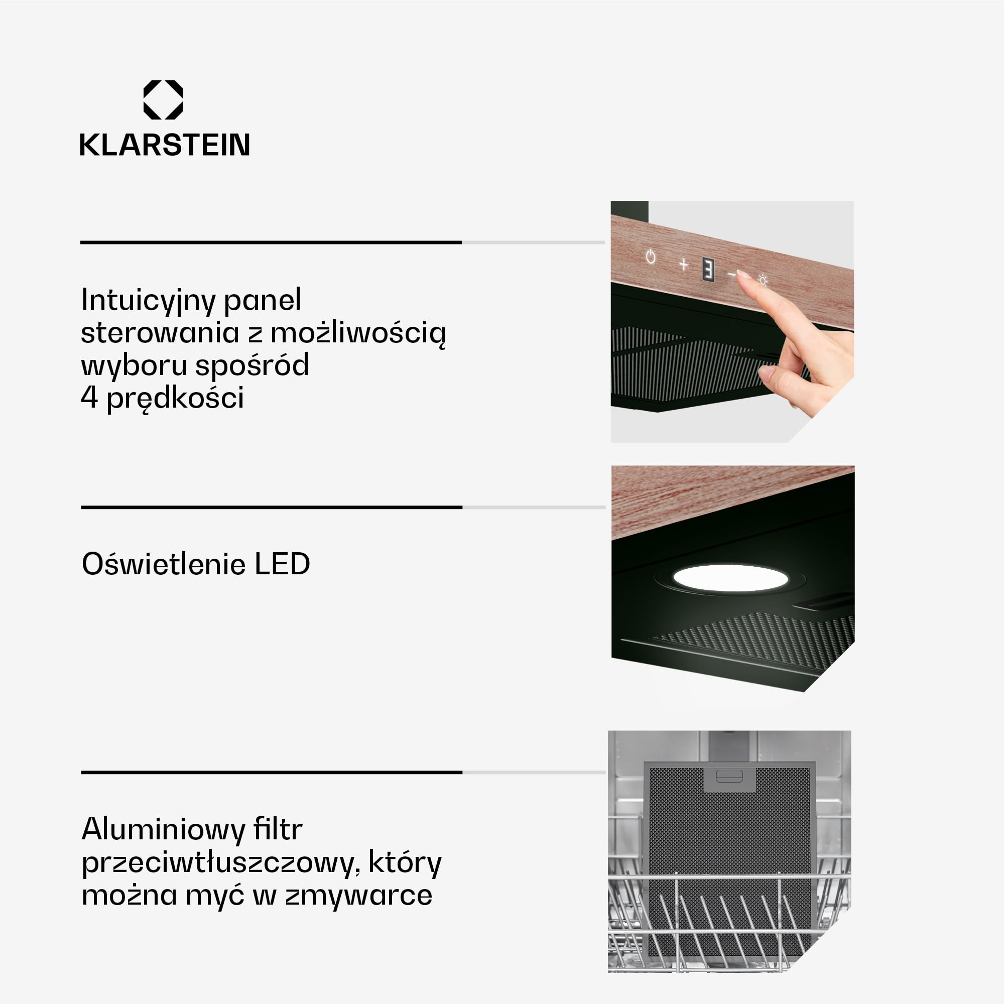 Klarstein ZenFusion T okap kuchenny – montaż ścienny 90 cm, tryb Boost 885 m³/h, klasa efektywności energetycznej A++, LED 4000 K, obsługa dotykowa, cicha praca 47 dB, wywiew i obieg, czarny