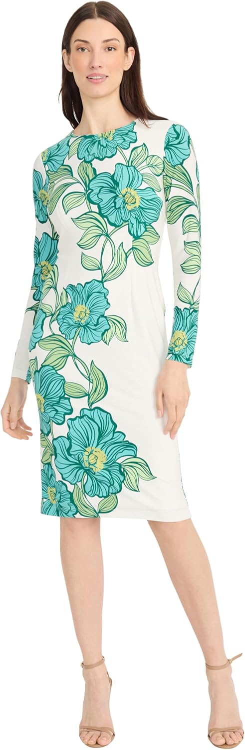 Maggy London Women's Long Sleeve Printed Sheath, Tropadelic Floral-Softwhite/Jade Green