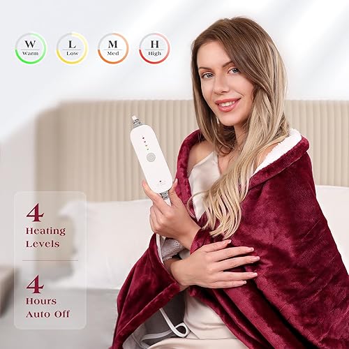 Miniatura 3 de Manta térmica eléctrica de 50 x 60 pulgadas, manta de franela suave con 4 niveles de calefacción y 4 horas de apagado automático, lavable a máquina