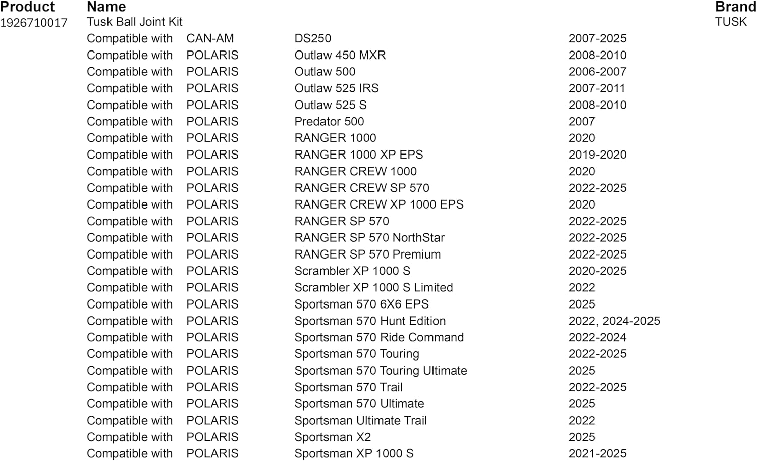 Tusk Ball Joint Kit Compatible with Polaris Ranger Crew 570 2022-2026, Ranger XP 1000 EPS 2019-2020, Scrambler XP 1000 S 2020-2026, Sportsman 570 Trail 2022-2026