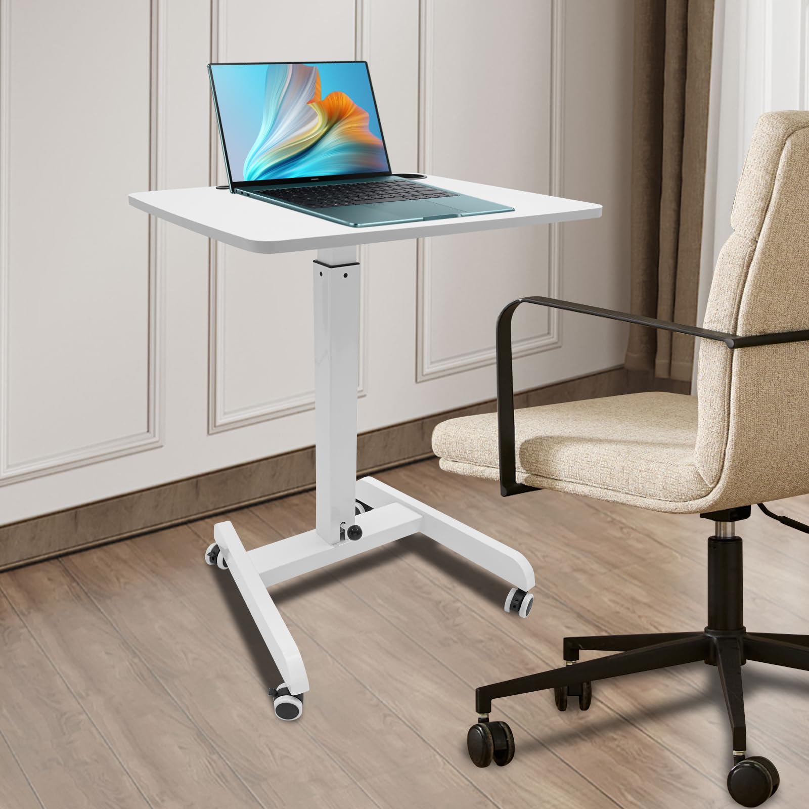 White Pneumatic Mobile Standing Desk 20 5x23 6in Top 44 2in Height 33lb Capacity 4 Locking Wheels for — view 2