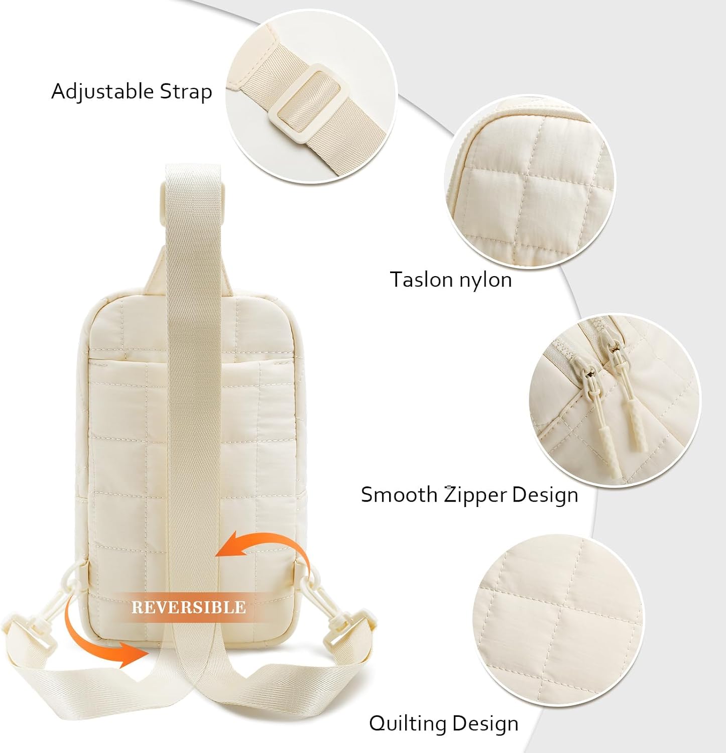 KKXIU Sling Bag for Women - Small Fanny Packs with Adjustable Strap, Quilted Puffer Crossbody Purse Lightweight Chest Bag for Travel (Beige)