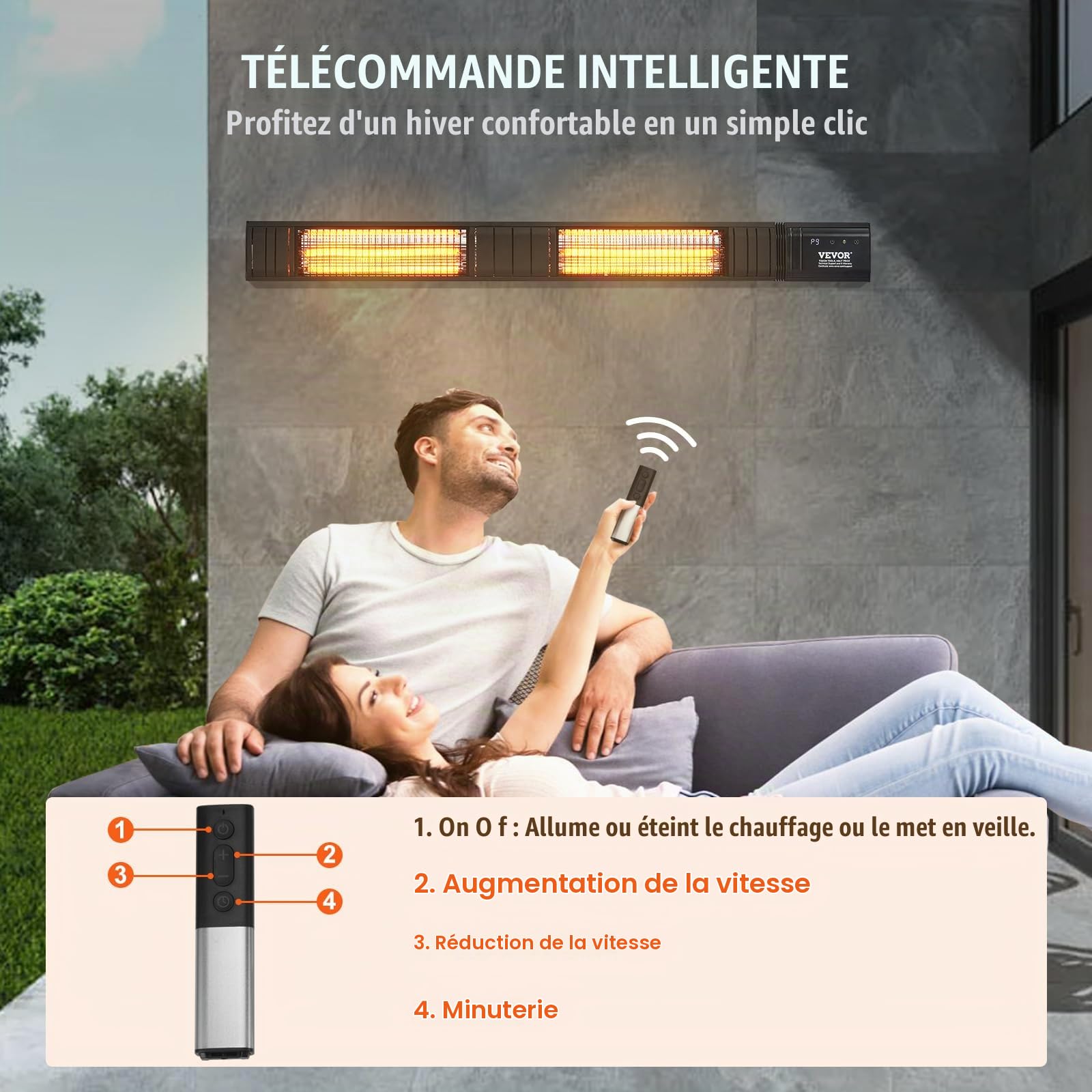 VEVOR Chauffage extérieur terrasse, 3000 W, radiateur infrarouge électrique avec télécommande, 9 vitesses, minuterie, protection IP65, support mural, pour porche, patio, salle à manger, studio, jardin