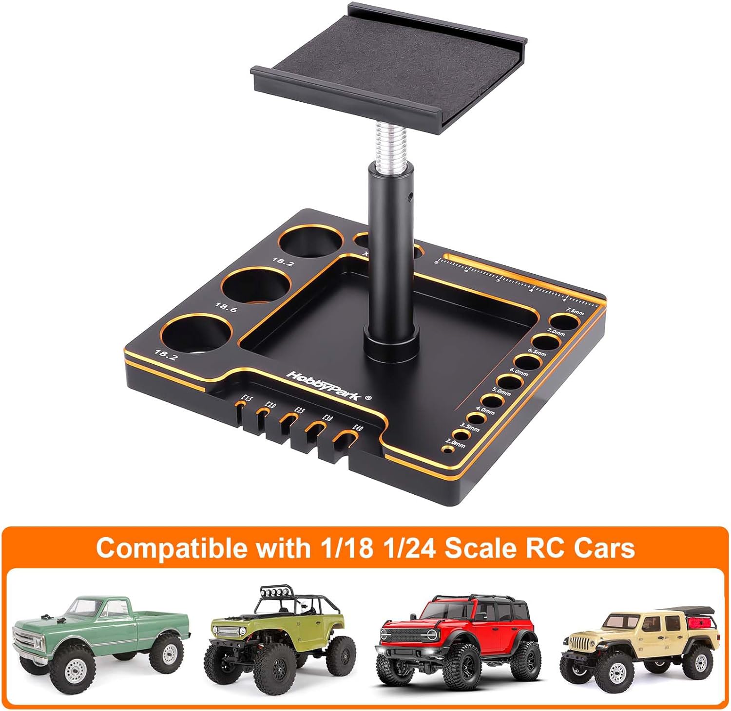 Hobbypark 1/18 1/24 RC Crawler Work Stand 360 Degree Rotation Lift Or Lower RC Car Repair Workstation for TRX4M TRX4MT Axial SCX24 AX24 FCX24 Tools (Unassembled) (Black-Gold)