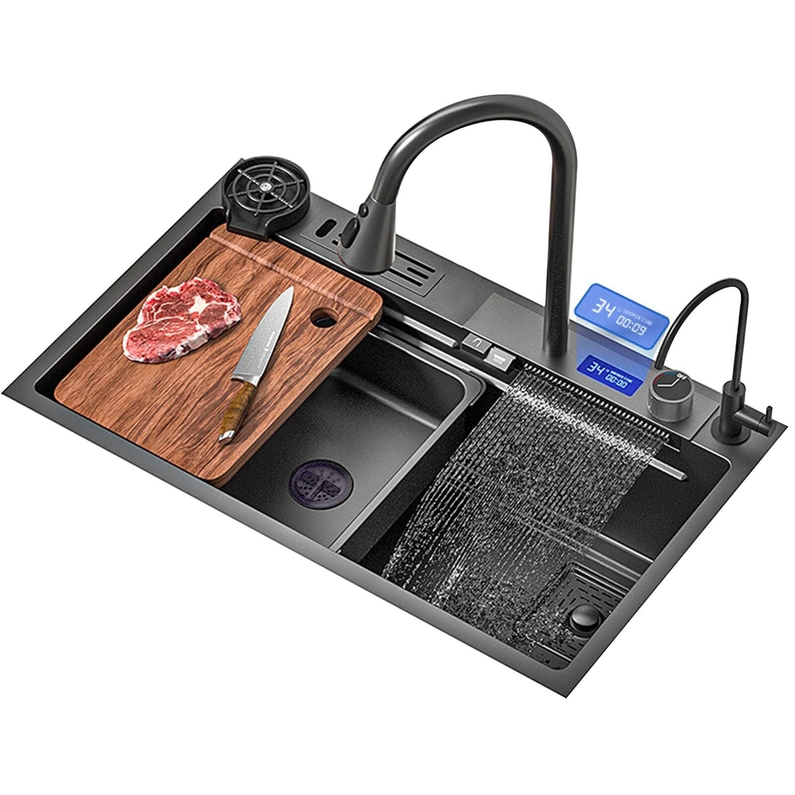 WBJGUOD Undermount Waterfall Kitchen Sink with Pull-Out Faucet - Multifunctional Workstation for Courtyard Office, Dishwasher Basin, and Easy Installation(A)