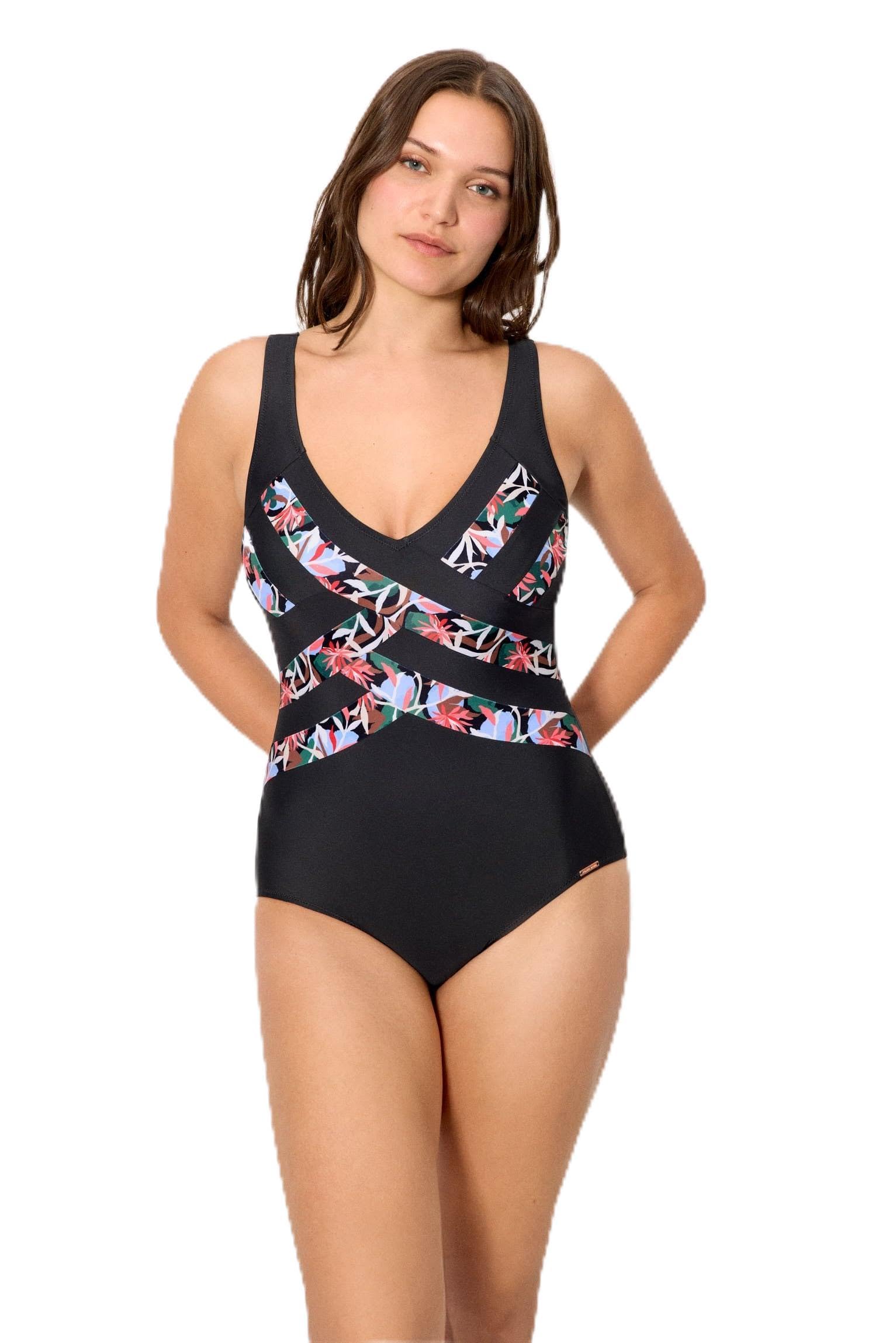 YSABEL MORA Bañador Reductor Negro líneas Estampado Tropical Copa C. Compresión en Abdomen,Parte Superior sin aro y con Relleno. Colección Island.