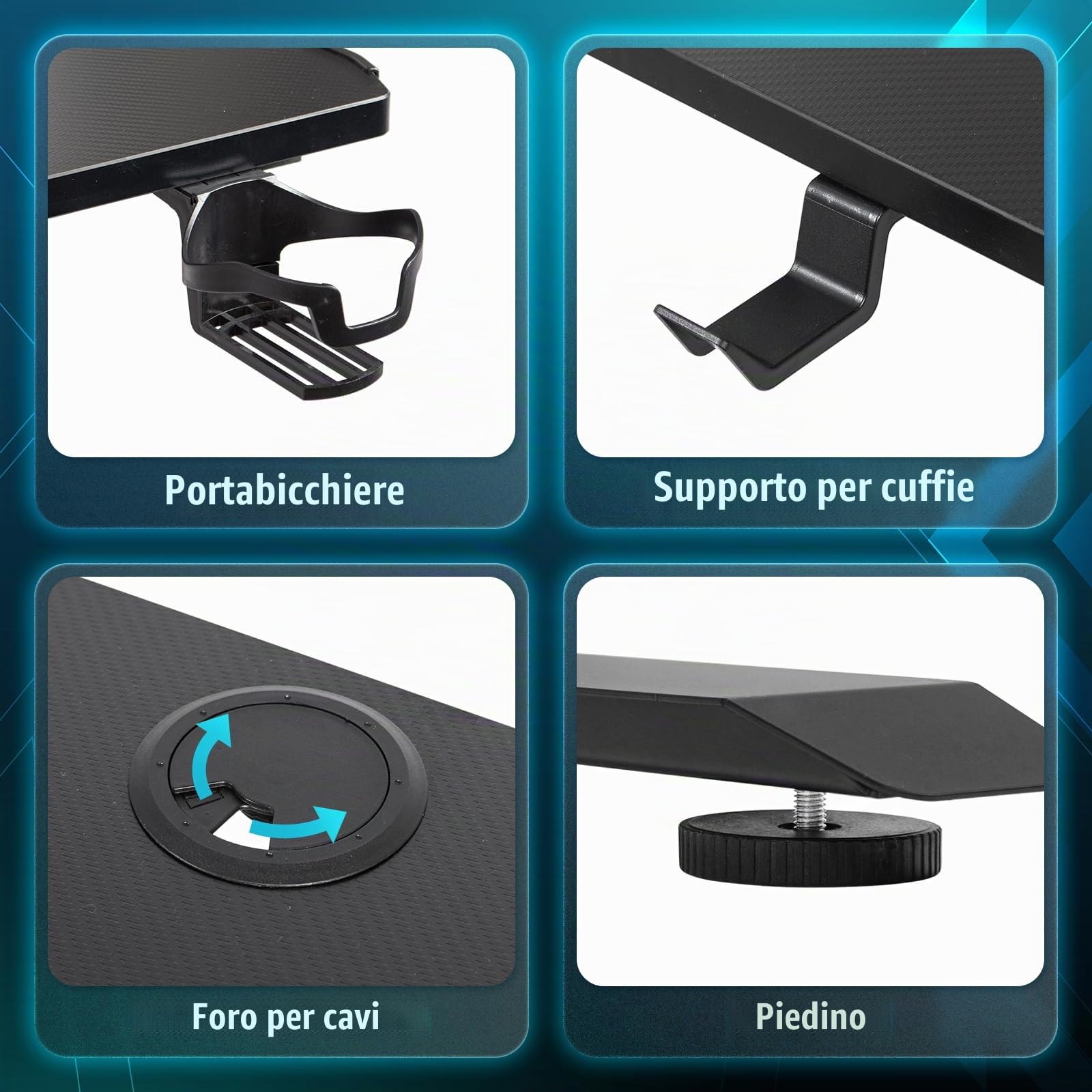 Todeco Scrivania Gaming a L 160x100 cm con LED RGB, Scrivania Ad Angolo | con portabicchiere, gancio cuffie, 40 modalità RGB con telecomando, piedini regolabili, piano effetto fibra di carbonio