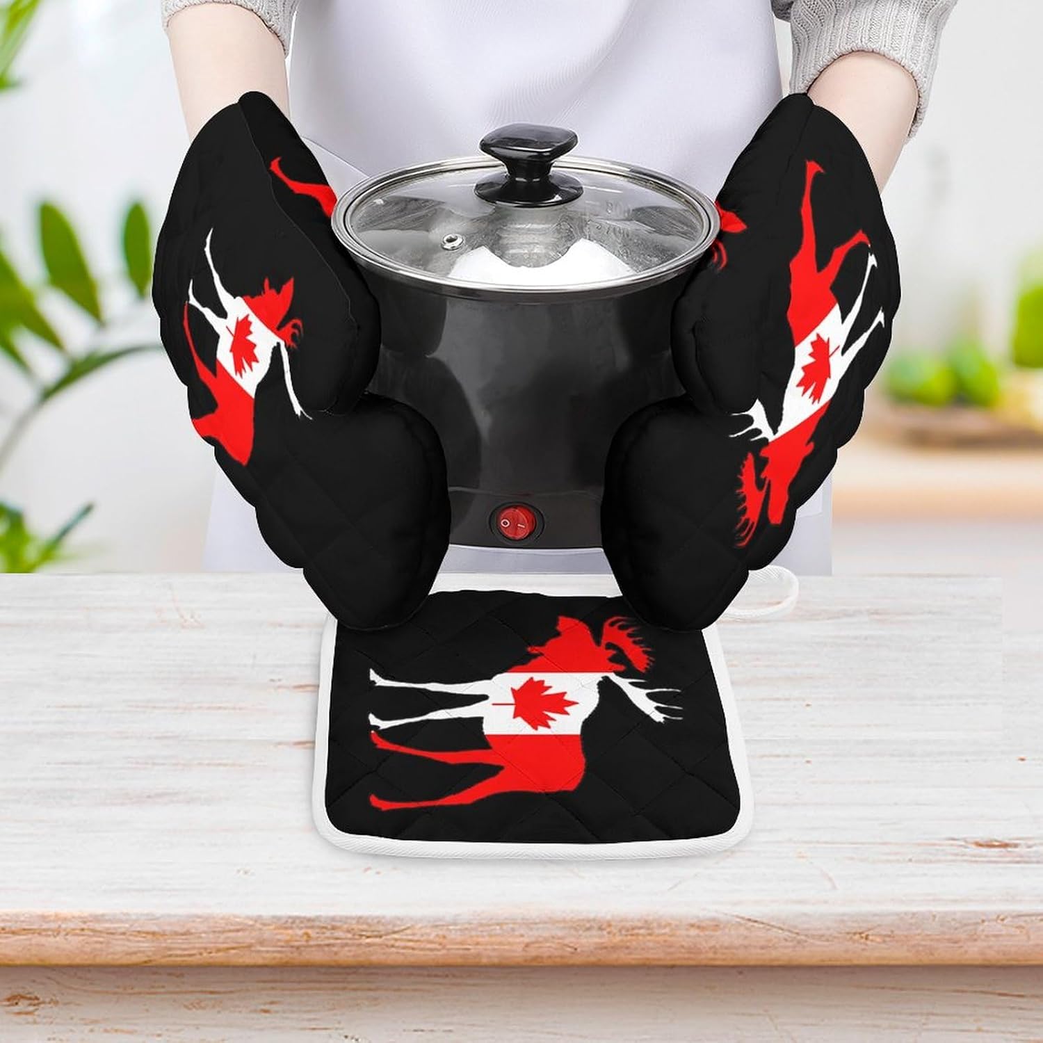 Canada Flag Mooses Print Oven Mitts and Pot Holders 3 Piece Sets Heat Resistant Gloves Hot Pads Potholders for Kitchen Baking Cooking