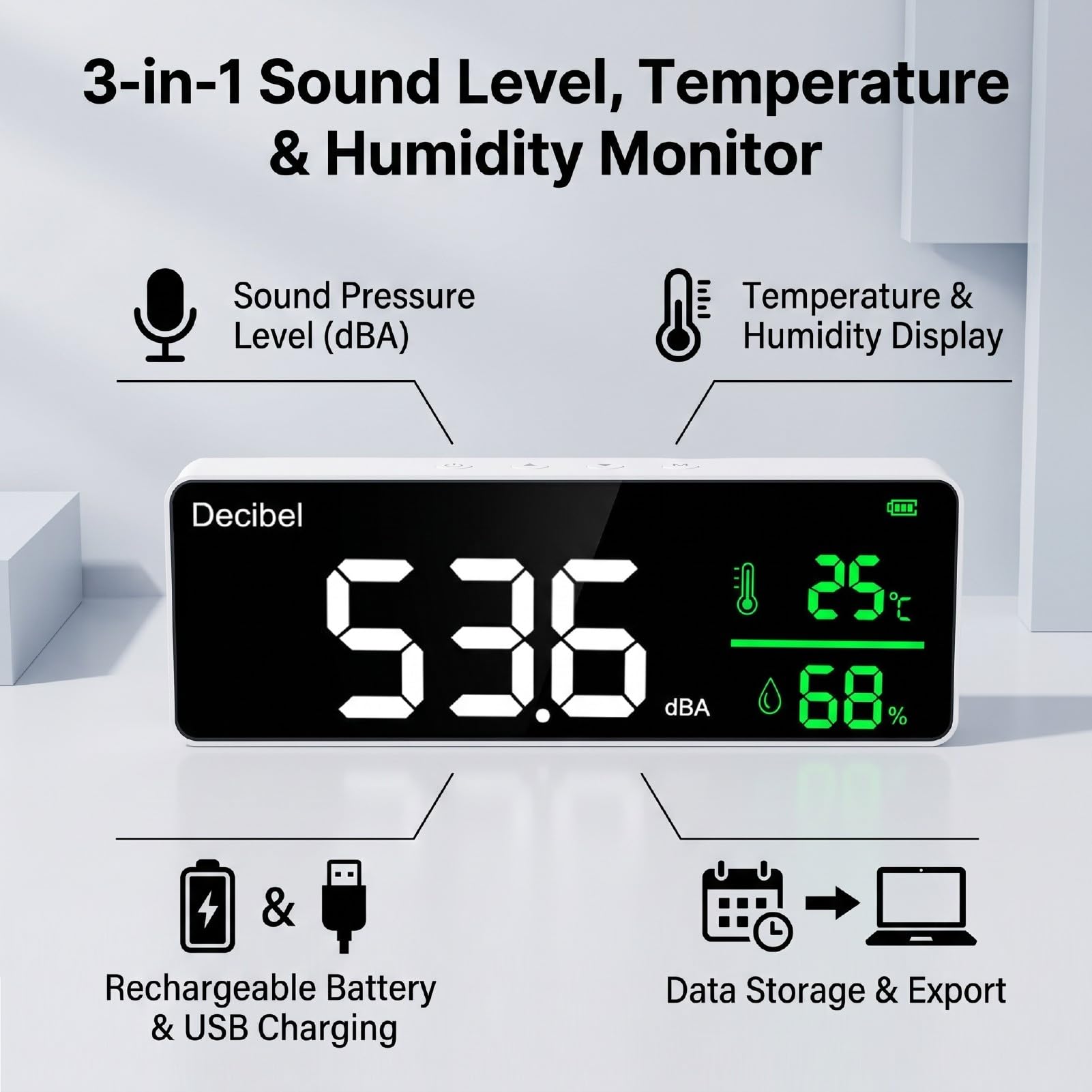 Eujgoov DM 1306D Medidor de Decibelios Digital de Montaje en Pared 30-130 DBA LED | 3 en 1: ruido, temperatura, humedad;exportación de registro de datos, interruptor °C / °F, calibración manual, 2000 mAh,