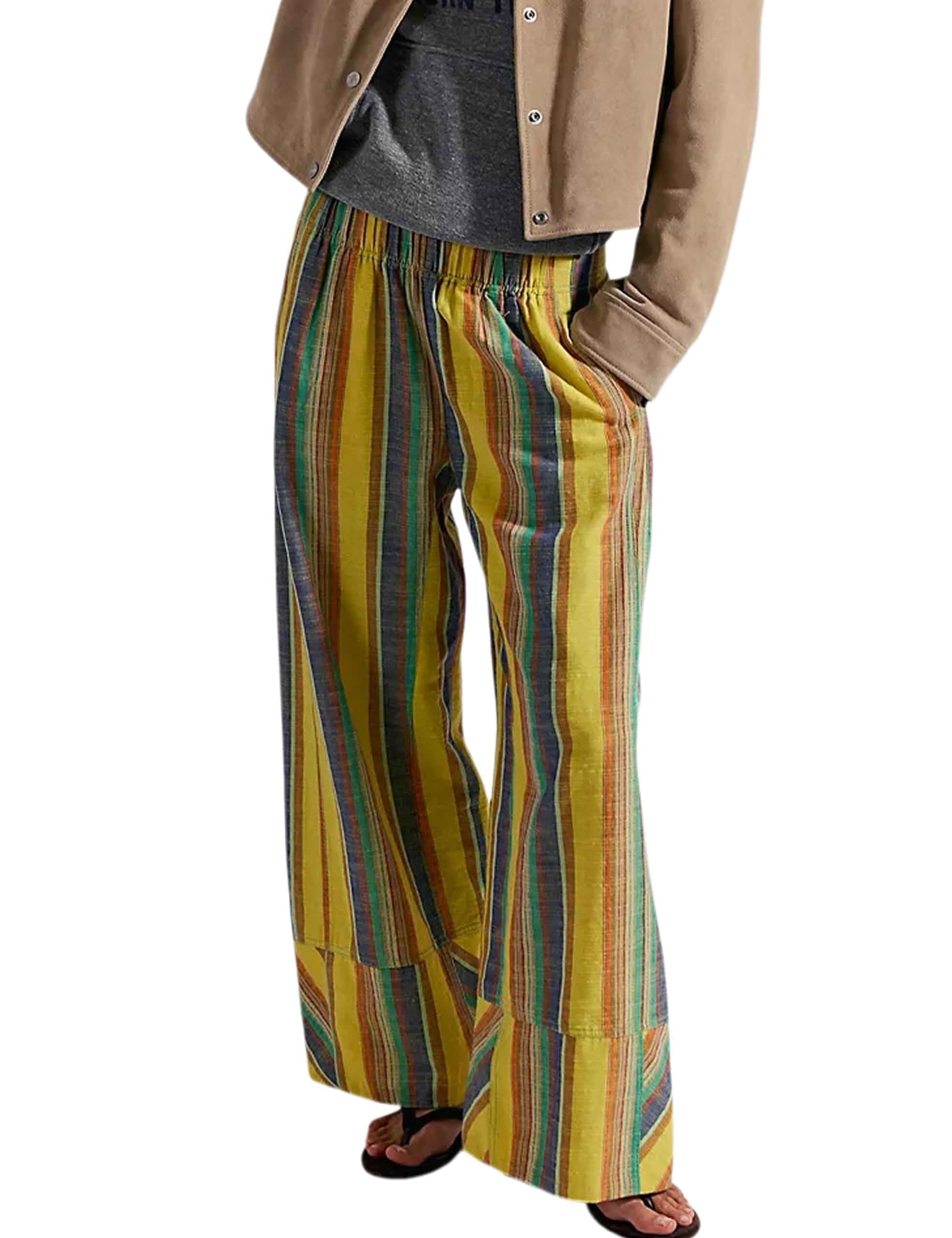 Fameetor Womens Striped Wide Leg Pants Summer Boho Palazzo Pants Causal Elastic High Waist Long Lounge Trousers with Pockets