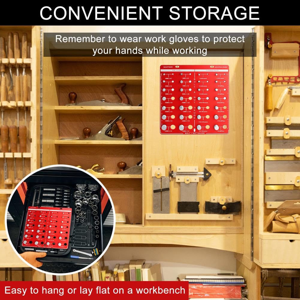 28 Nut and Bolt Thread Checker,Identibolt Bolt Nut Identifier Gauge,14 Metric & 14 Standard Sizes Solid Aluminum Bolt Size and Thread Gauge, Hang or Flat, red