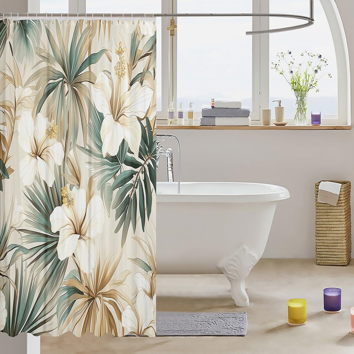 Manfei Summer Hawaii Theme Shower Curtains Home Decor,Tropical Palm Leaves Rustic Flowers Bath Curtain,Summer Coastal Trees Plants Waterproof Fabric Bath Room Decor Set with Hooks,72Wx78L inch