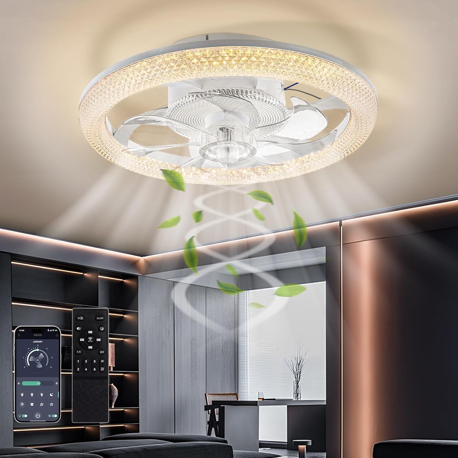 Viugreum Led Smart Ceiling Fans with Light 48CM, Modern Ceiling Fan Lights with Remote Control, Reversible Fan/3 Color Temperature/6 Speed, Dimmable LED Fan Light with Timer for Living Room Bedroom