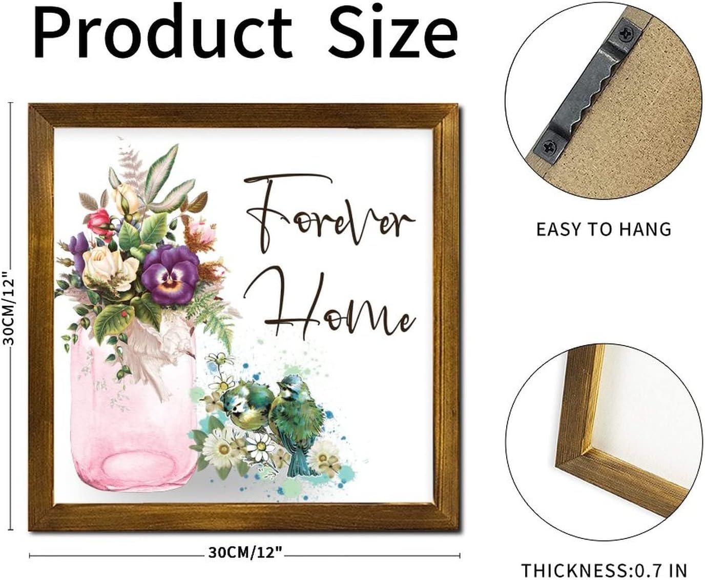 Forever Home Framed Wood Signs Spring Rose Flower in Vase Wood Wall Art Classic Botanical Artwork Hanging Wall Signs Decoration for Bedroom Living Room Wall Kitchen Home 12x12 inch