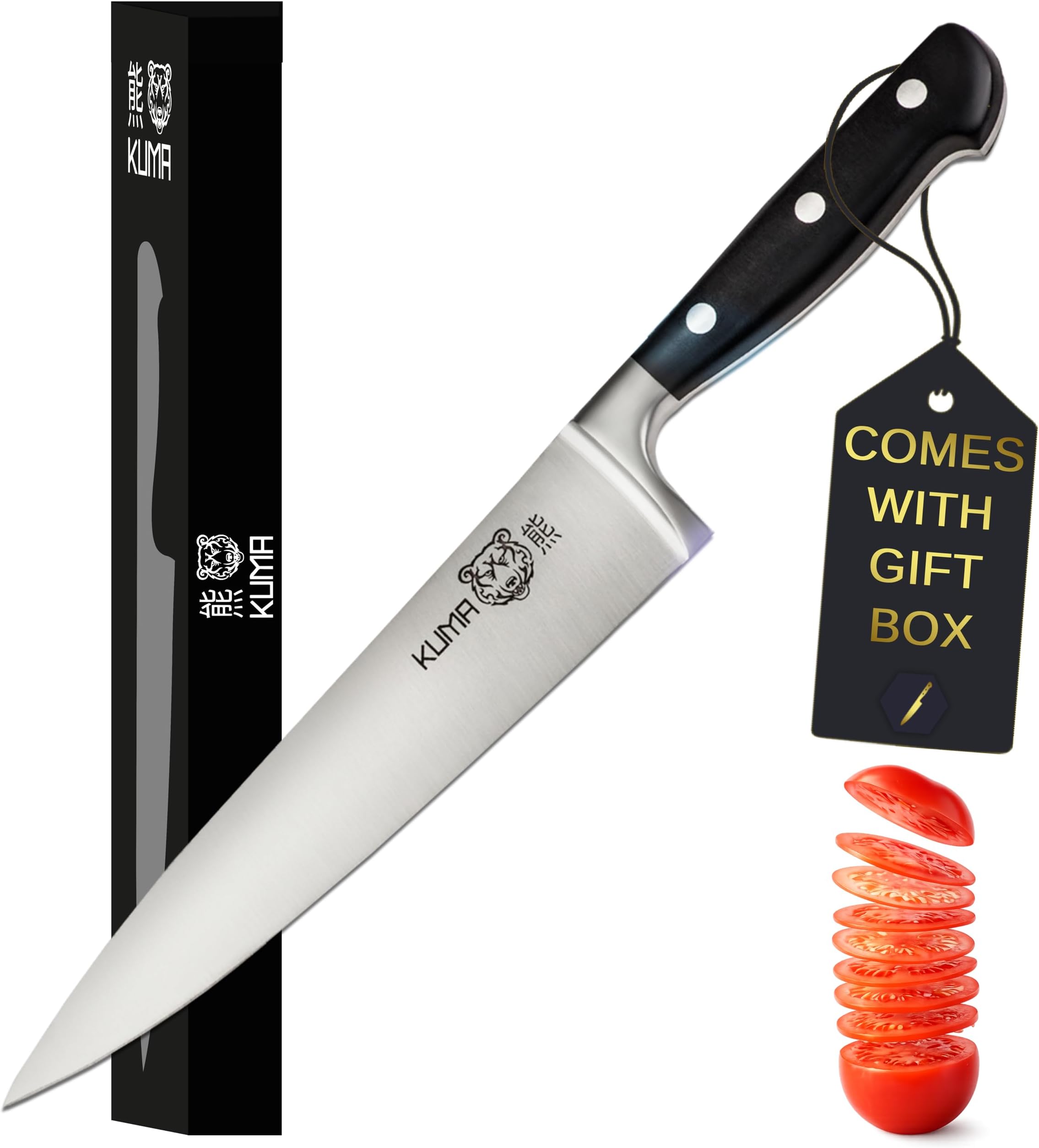 KUMA 8-Inch Multipurpose Chef Knife, razor sharp stainless steel blade, ergonomic handle for precision cutting, gift-ready for foodies