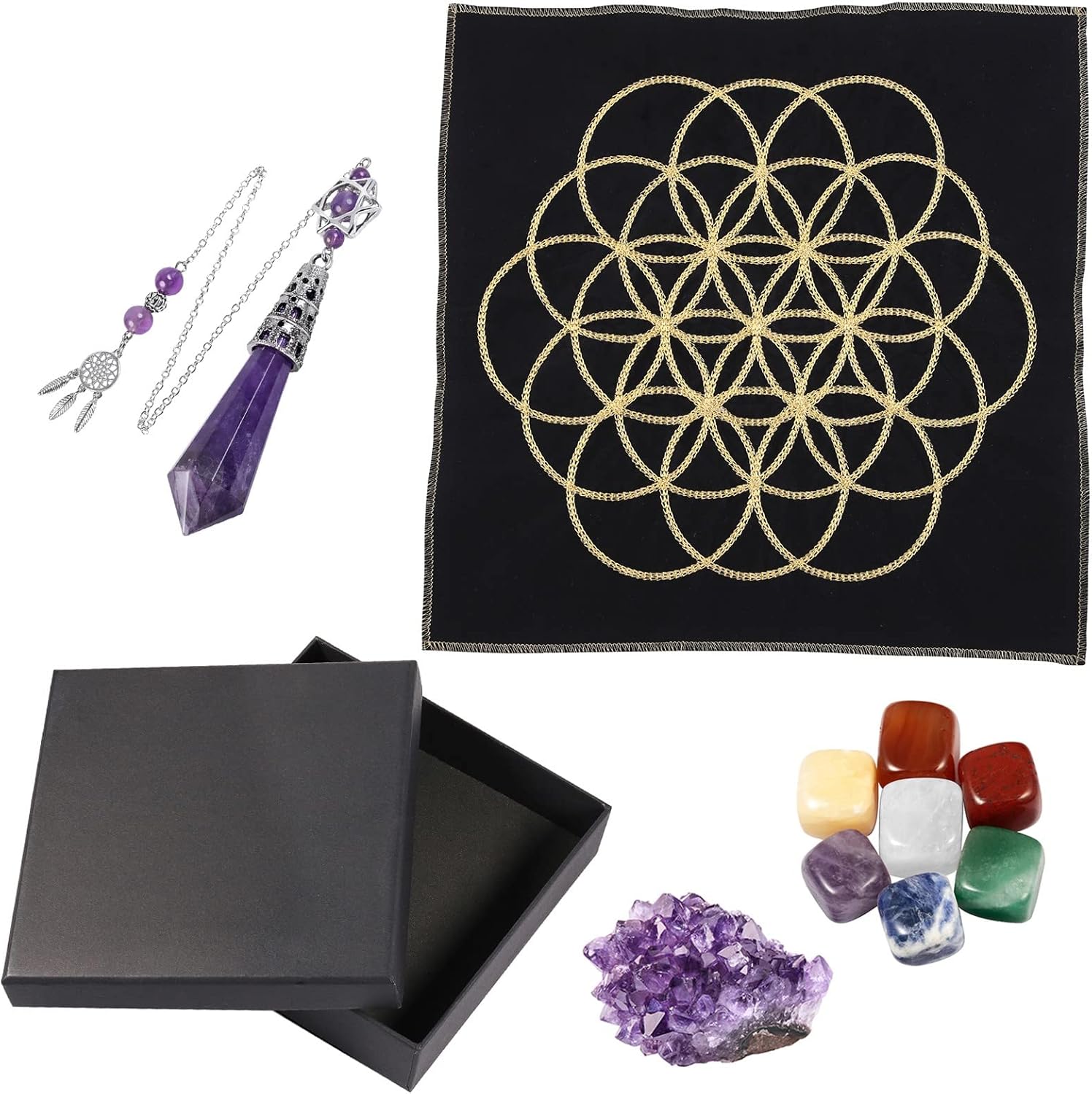 Rockcloud Healing Stone Totem Energy Mat Meditation Kit for Beginners Divination Wiccan Altar Supplies Witchcraft Home Decoration, Colorful Crystals, Amethyst