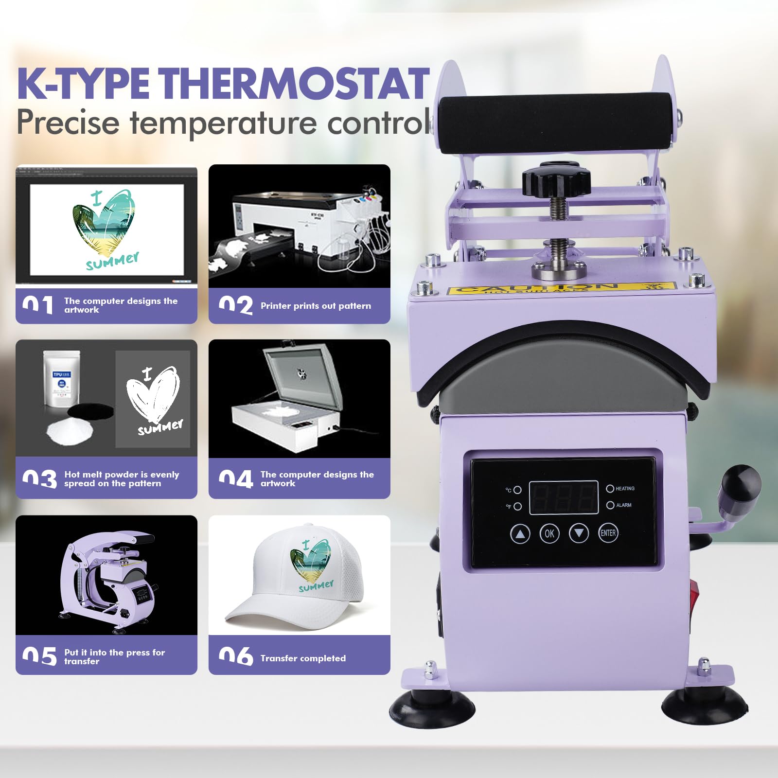 Prensa de Calor para Sombreros, 9,5 x 15 cm Máquina de Prensa de Calor, Rotación de 360 °, Anti-Adhesiva Prensa de Impresión para Sombreros Prensa Automática para Nailon, Lino, Hilo