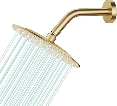 All Metal Rain Shower Head - Heavy Duty Stainless Steel, Easy Install, High Water Flow, Ultra-Thin Modern Design for Bathroom F-Brushed Gold, 8