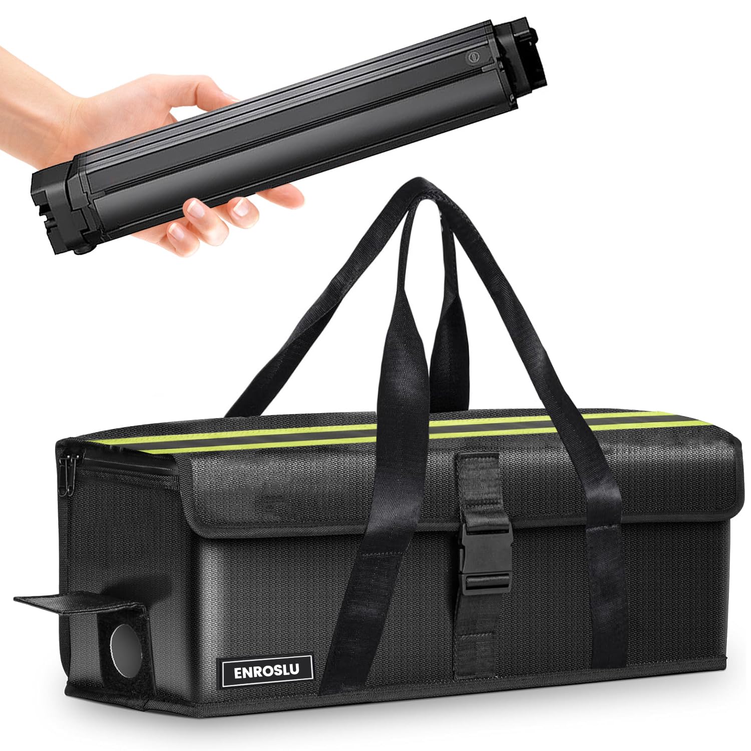 ENROSLU Ebike Akkutasche, 8 Schichten Brandschutz, Feuerfeste Akkutasche bis 2300 °C, Wasserdicht, Explosionsgeschützt, Lipo-sichere Tasche für Lagerung, Transport, Laden