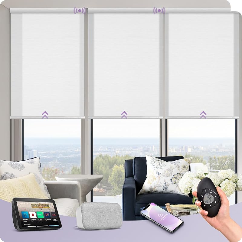 Graywind Motorized Light Filtering Shades Compatible with Alexa Google Rechargeable Remote Control Smart Blinds Automatic Window Shade with Valance for Home Office, Custom Size (Jacquard White)