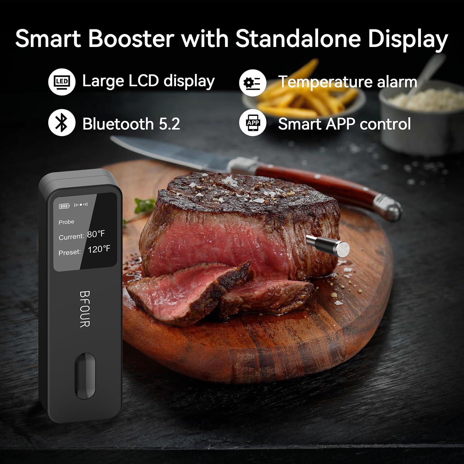 BFOUR BF-30 PRO Thermomètre à viande sans fil, écran LCD, Bluetooth, portée de connexion par application, 100 % étanche, intérieur et extérieur, pour barbecue, four, fumage, rôti, rôti