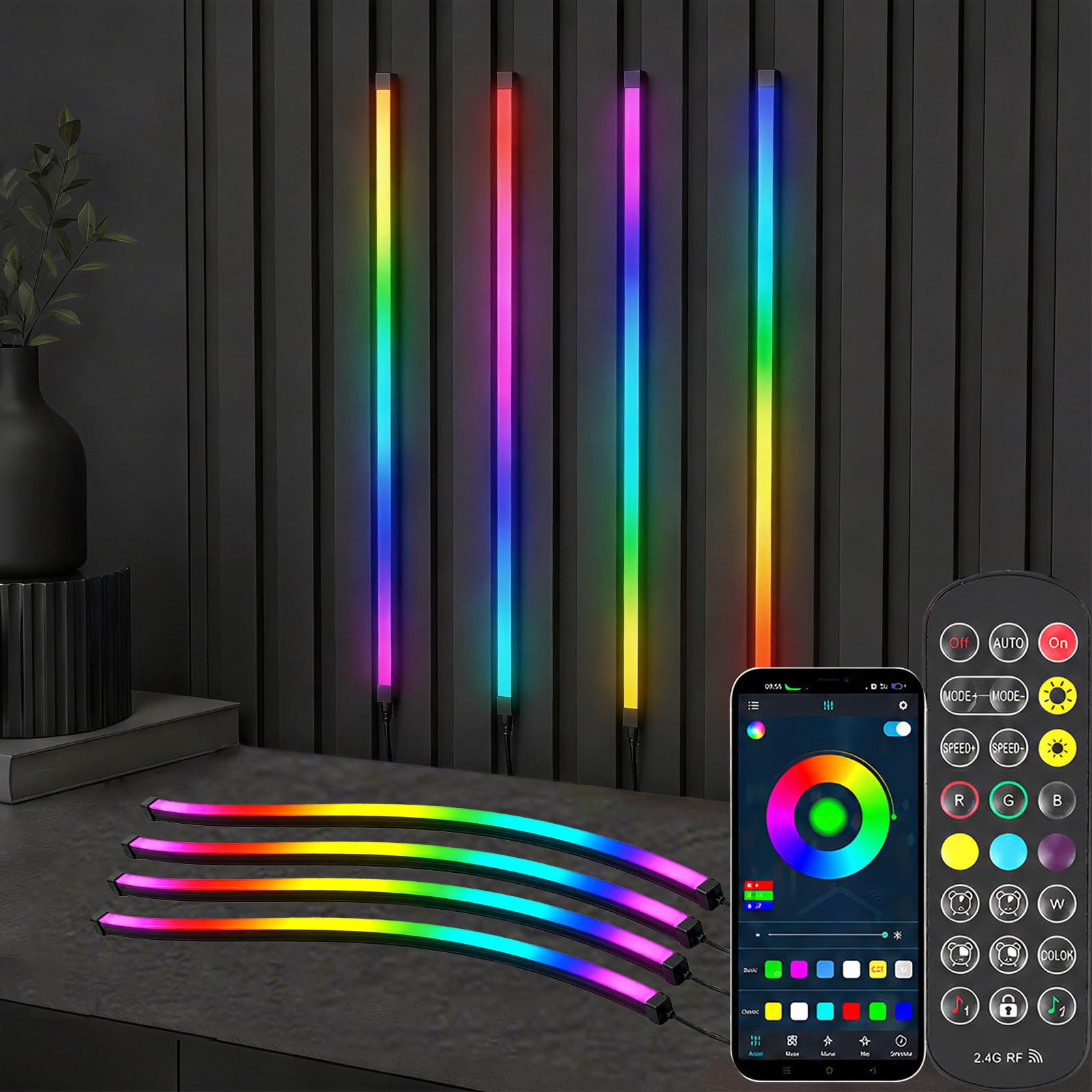 Illuminazione per Pannelli Acustici, Dimmerabile Sezionabile LED Integrati 4 LED Strisce RGB Dream Color 100cm Sincronizzazione Musicale Telecomando Regolazione Colore e Luminosità Controllo App
