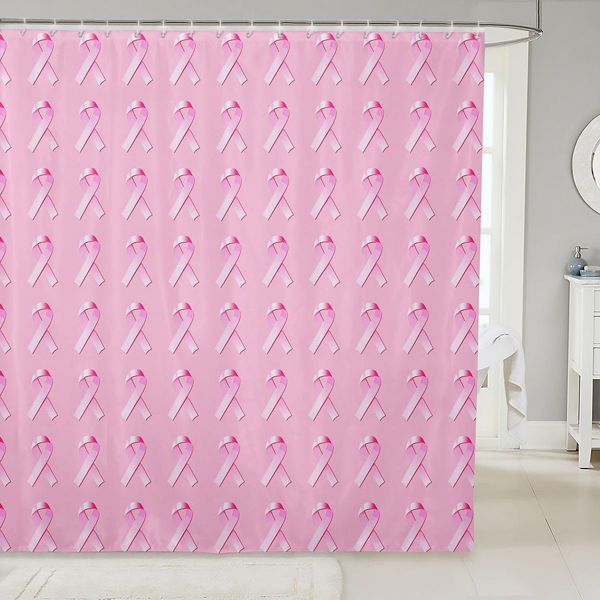 jejeloiu Breast Cancer Awareness Party Supplies Shower Curtain for Bathroom Decor Ribbon Bath Curtain Breast Cancer Survivor Gifts for Women Bathroom Accessories Pink with 12 Hooks 72"x72"
