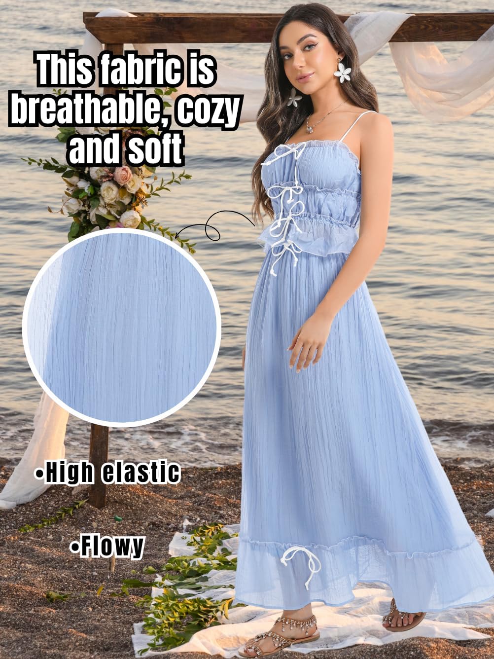 Boho Maxi Skirt Sets, Ruffle Flowy A-Line, Summer Vacation Date Night, 2-Piece Bow Sundresses Beach Casual Pastel