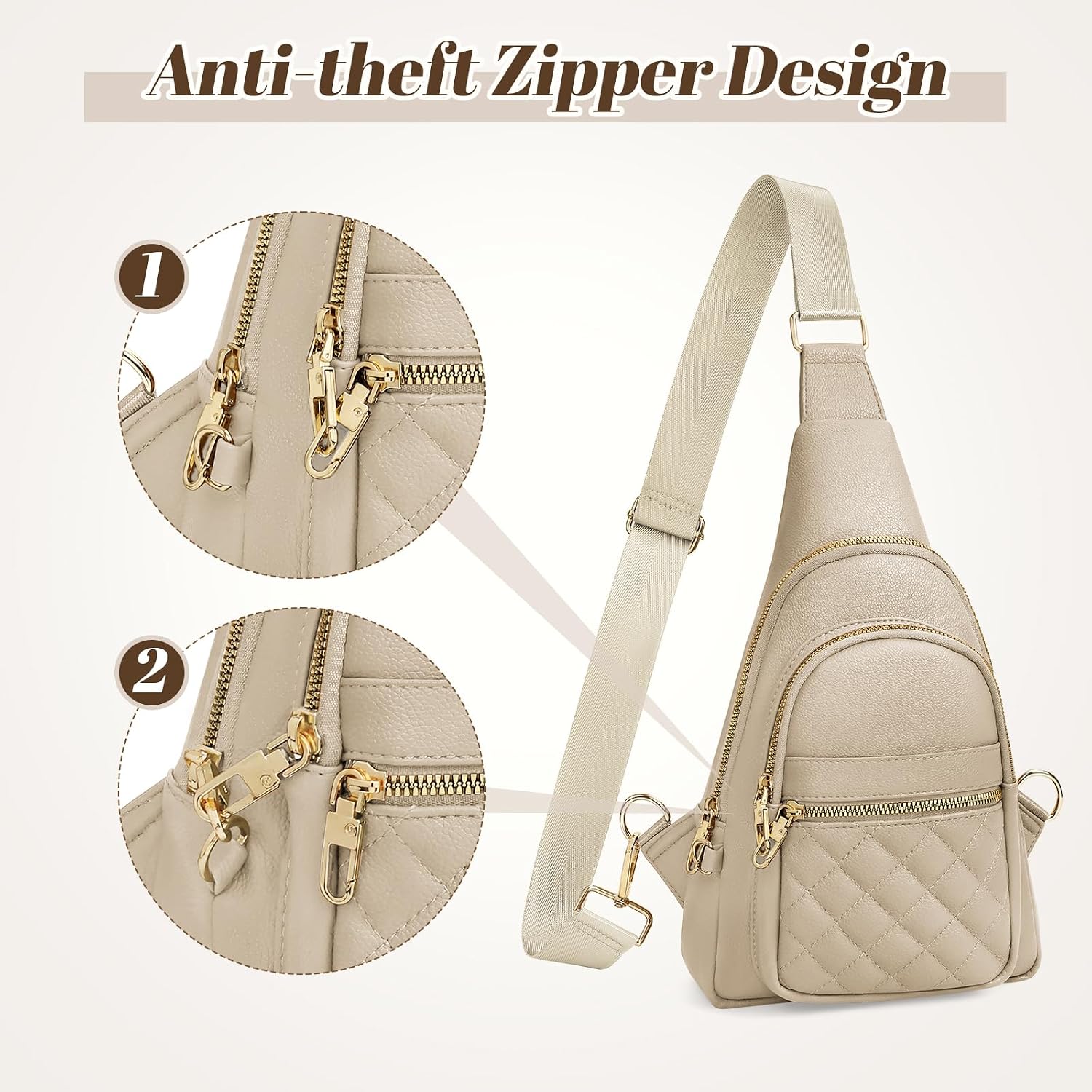 JASGOOD Women Anti-theft Crossbody Sling Bag, Leather Chest Bag Sling Backpack for Fashion Travel,Light Khaki