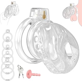 Male Chastity Cage - Soft Lightweight Penis Cage with Realistic Vagina Clitoris & 6 Sizes Rings, Comfortable Cock Bondage Chastity Device BDSM Sex Toys for Men (Transparent, Medium)
