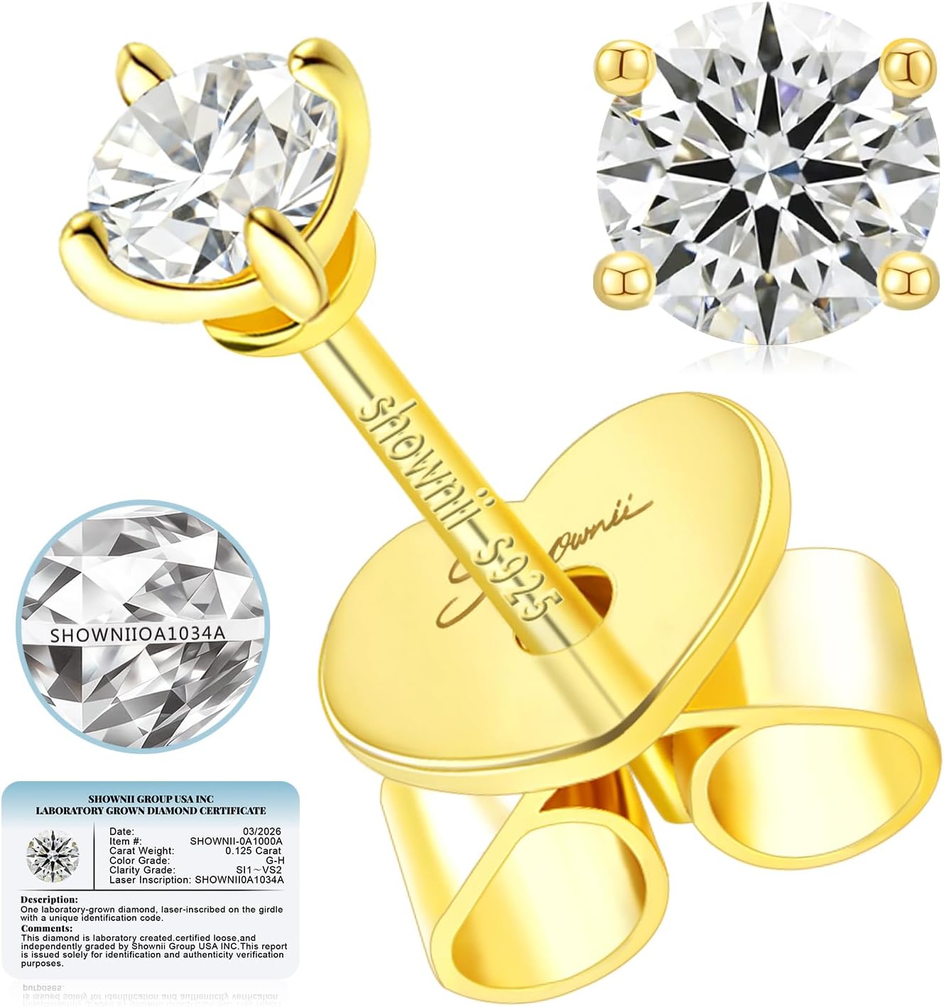 SHOWNII Diamond Earrings Graduation Certified LAB GROWN Diamond Stud Earrings for Women 0.25 Carat 14K Gold Plated 925 Sterling Silver 4-Prong Push Back Round Cut (G-H Color, SI1-VS2 Clarity)