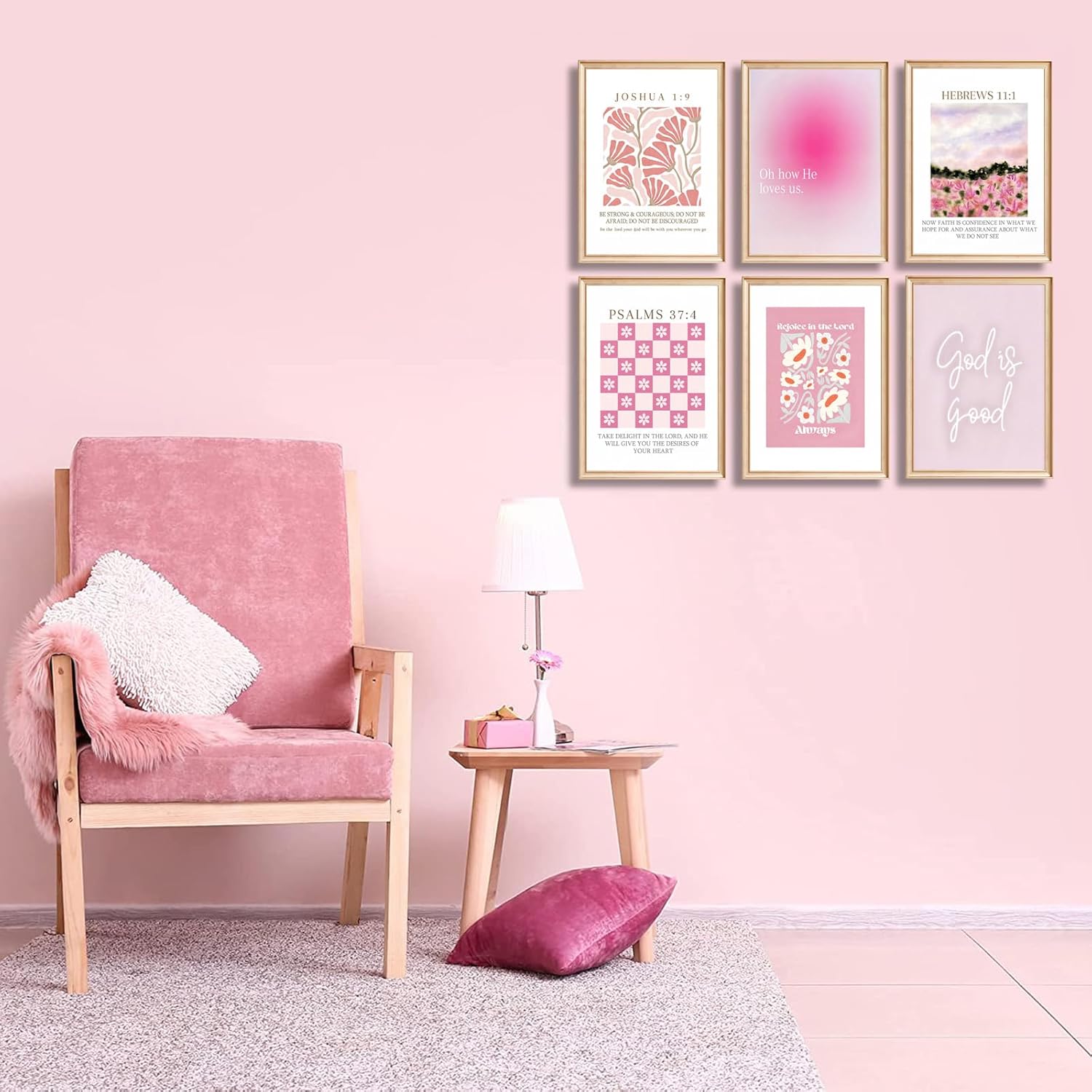 6Pcs Pink Christian Wall Art Bible Floral Wall Decor Pictures Trendy Preppy Canvas Posters Prints for Girls Bedroom Apartment Dorm Decorations Unframed