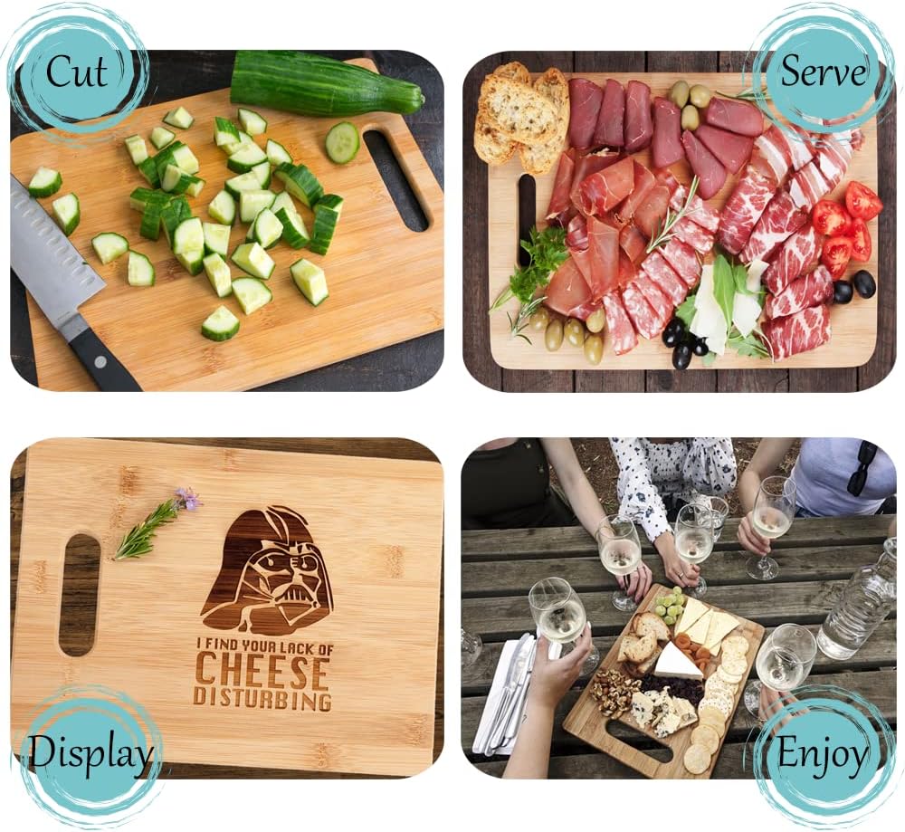 Darth Vader I Find Your Lack Of Cheese Disturbing Engraved Bamboo Wood Cutting Board with Handle Charcuterie Cheese Gift 8.5 x 11"