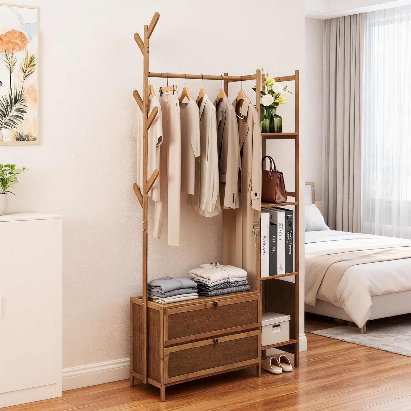Warmiehomy Clothes Rail with Shelves, 161cm Height Clothes Rack with Storage and Hooks, Hanging Rail with 4 Storage Shelves Clothing Garment Rail for Bedroom, Entryway, Hallway,80x30x161cm,Tea