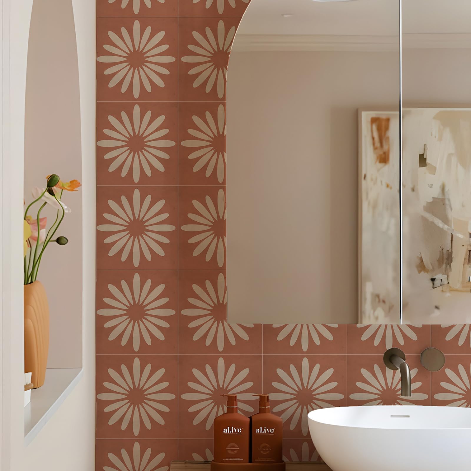 Adhesivos para Azulejos, Color Rojo ladrillo y Beige, para Cocina. Adhesivos autoadhesivos para Suelo, baño, Pared, duraderos, Impermeables, Resistentes al Aceite, escaleras, remov