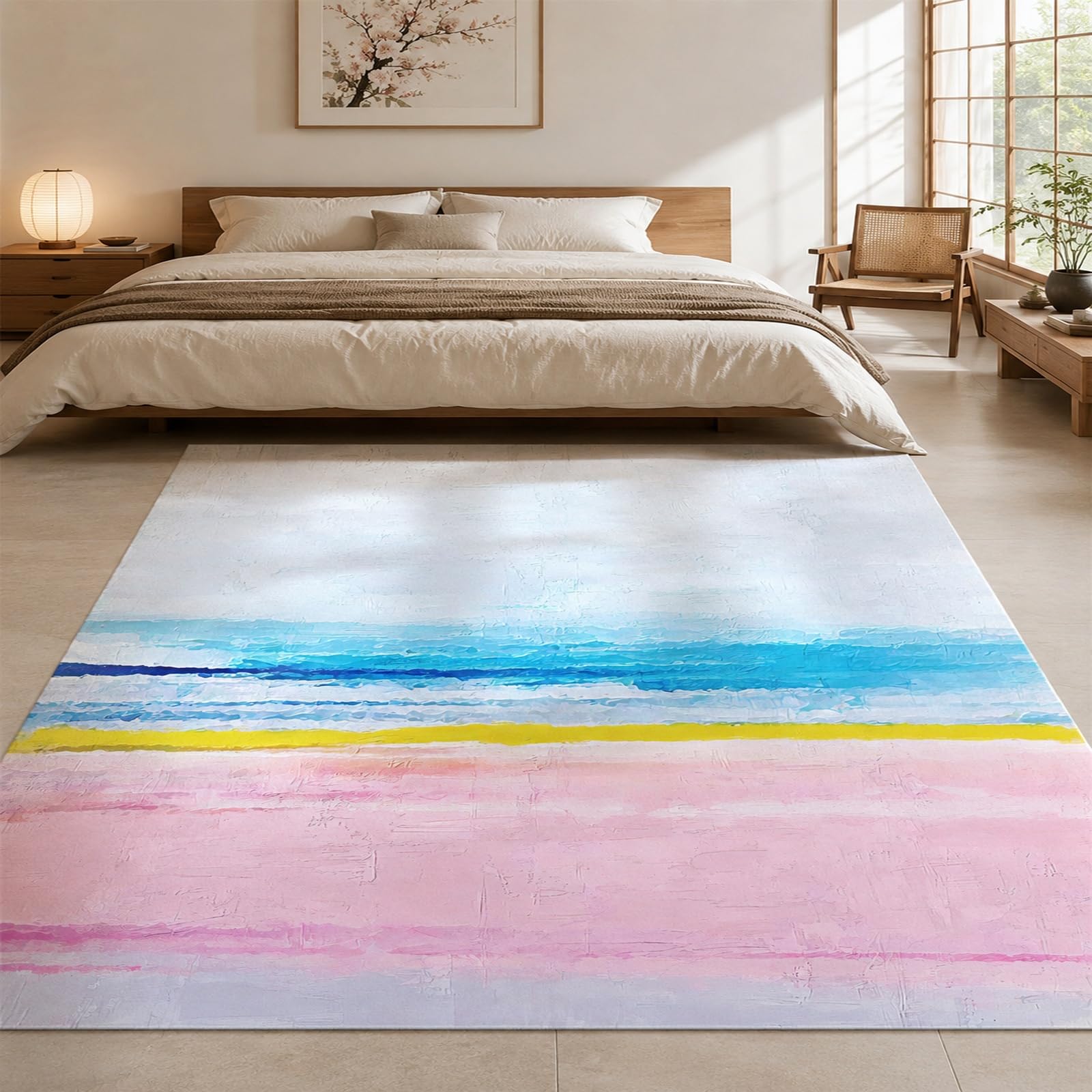 Grand tapis de salon 200x250 cm bleu et jaune au style abstrait moderne