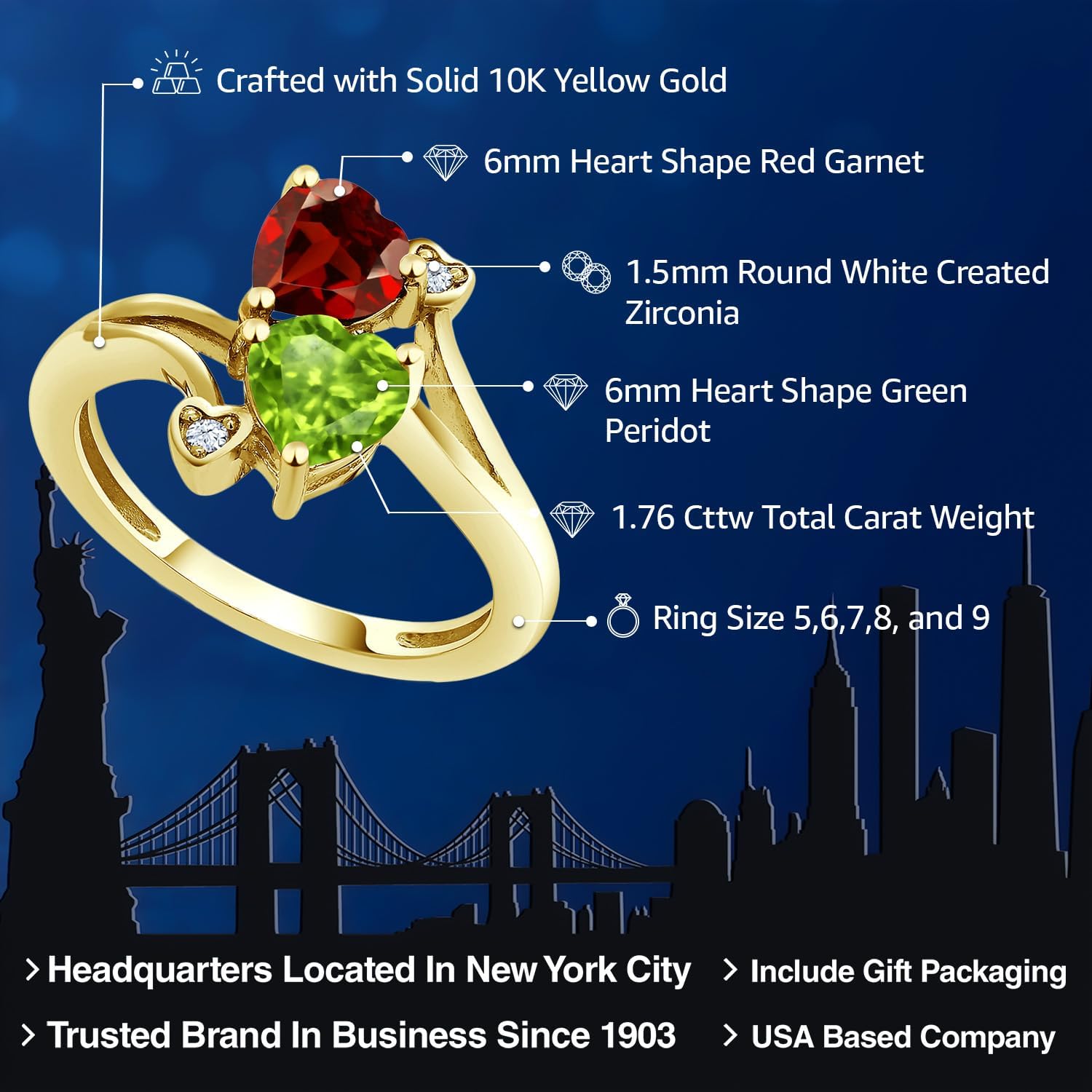 Gem Stone King 10K Yellow Gold Green Peridot and Red Garnet Ring For Women (1.76 Cttw, Heart Shape 6MM, Gemstone Birthstone)