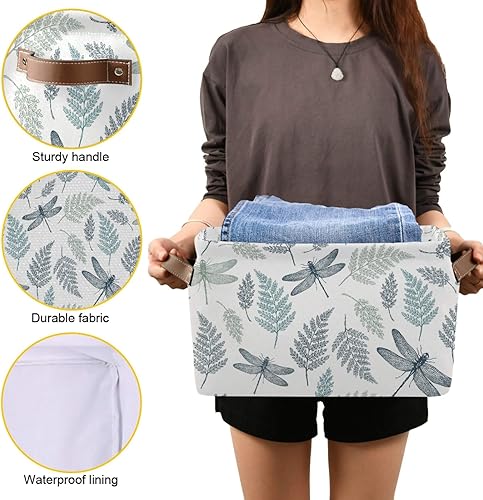 Miniatura 7 de susiyo Cestas de almacenamiento plegables grandes de tela con helechos y libélula botánica, canastas decorativas plegables con asas de poliuretano