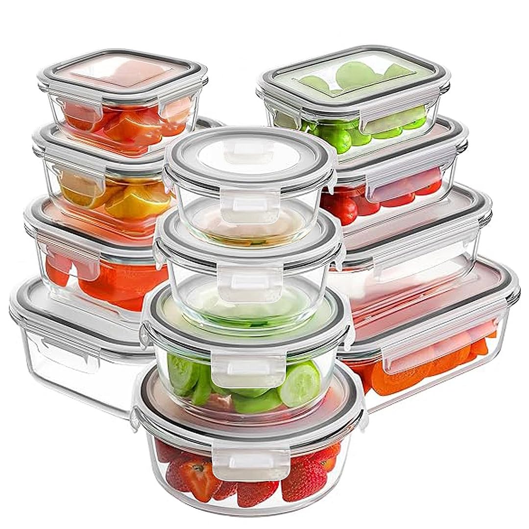 RFAQK 24 Pack Glass Food Storage Containers-35OZ-11OZ (12Containers&12 Lids) Airtight Meal Prep Containers for Kitchen Containers & Storage- Leakproof Lunch box Safe for Oven,Freezer حافظات طعام زجاج
