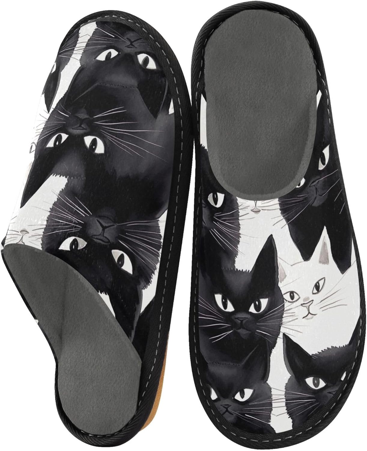 Black White Cat House Slippers – Cozy Fuzzy Slippers for Guests, Washable & Disposable, Perfect for Shoeless Home, Spa & Hotel Use A110508
