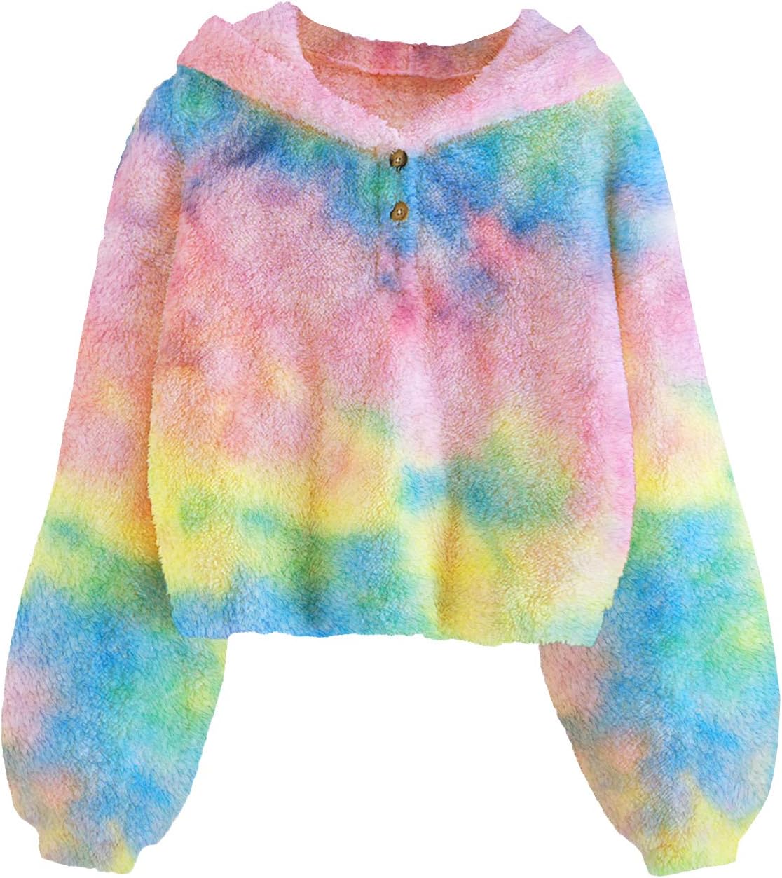 YBENLOVERKids Girls Tie Dye Fuzzy Hoodies Loose Button Down Pullover Sherpa Long Sleeve Tops