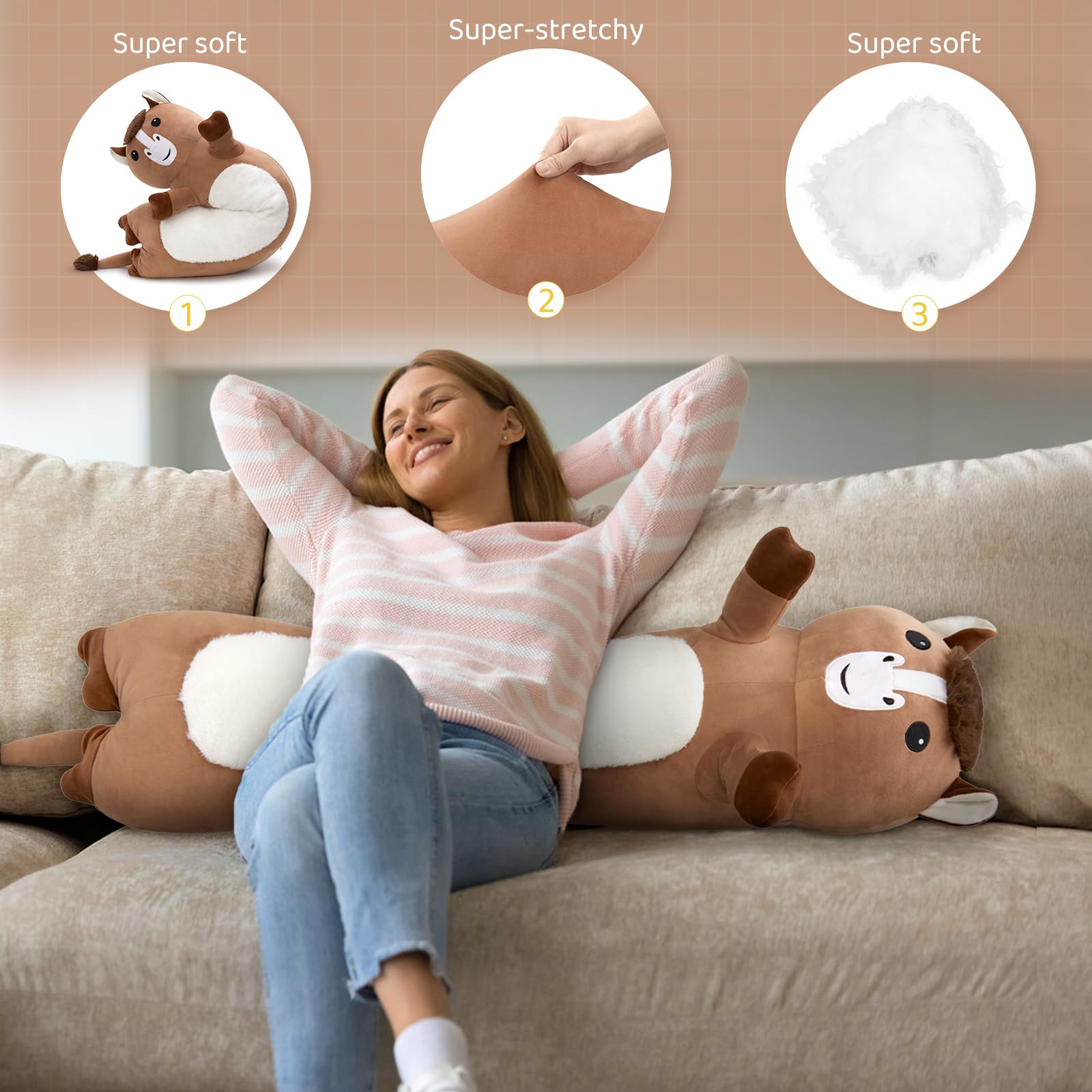 KERTA 43 Inch Giant Horse Stuffed Animals, Soft Long Stuffed Horse Plush Boby Pillow for Boys Girls, Large Stuffed Pony Toy Gift for Birthday Christmas 4